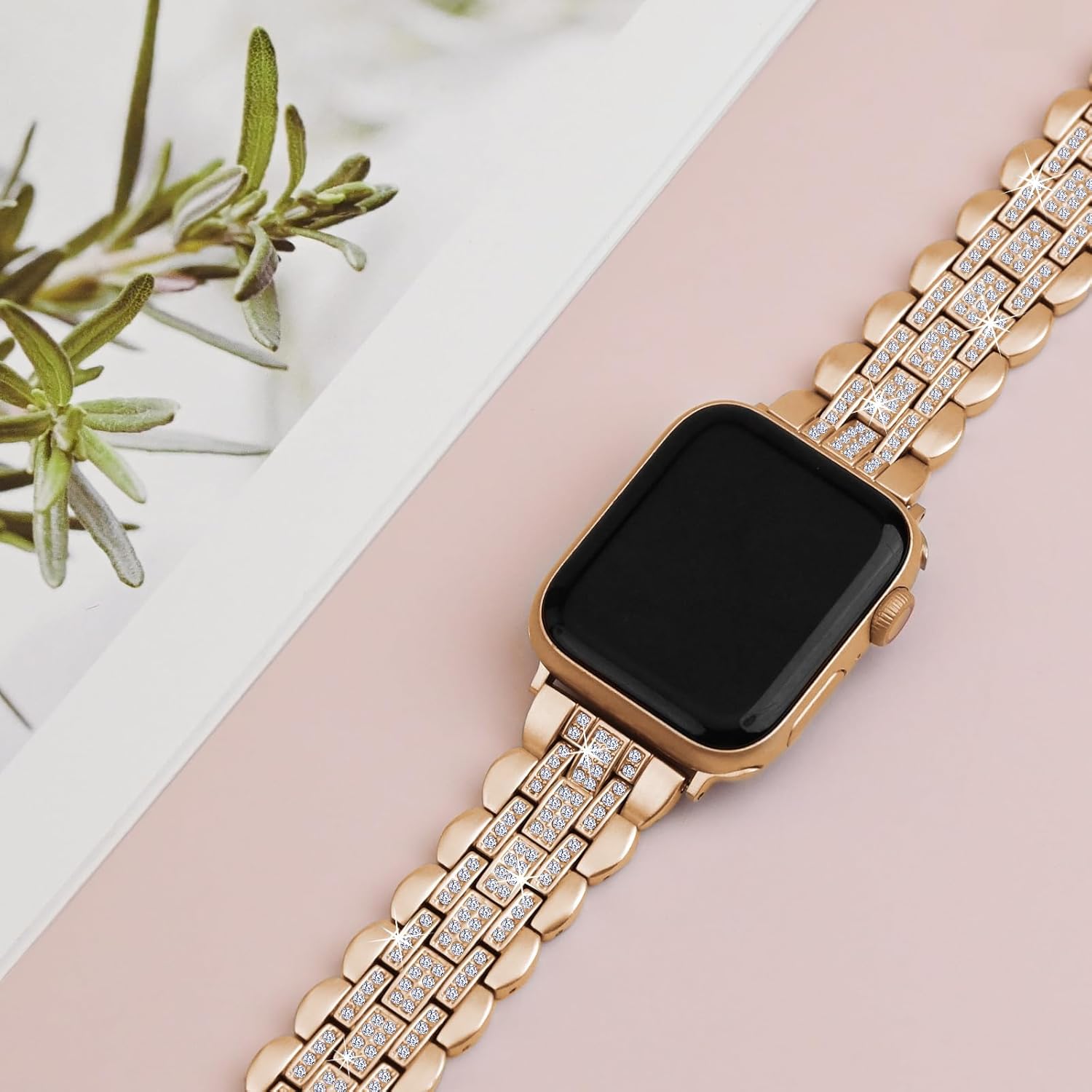 Metal Strap for Apple Watch Band 42mm(Series 10)/41mm/40mm/38mm, Bling Stainless Steel Bracelet Work for Apple Watch Bands Series 9 8 7 SE 6 5 4 3, Elegant Jewelry Bangle for iWatch Women Rose Gold - Image 5
