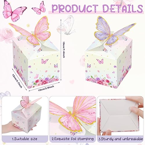 Miniatura 8 de Qilery 24 cajas de regalo de fiesta de mariposas, cajas de regalo rosas y moradas, cajas florales de mariposas, cajas de dulces de papel