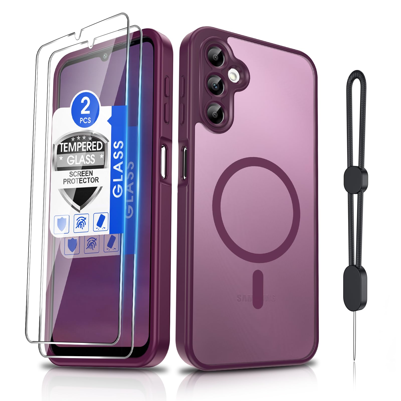 Dizn for Samsung Galaxy A14 Phone Case: with Tempered Glass Screen Protector [Compatible with MagSafe] with Strap, Matte Cover &amp; Military Grade Shockproof Protective A14, Funda para A14,Wine Red
