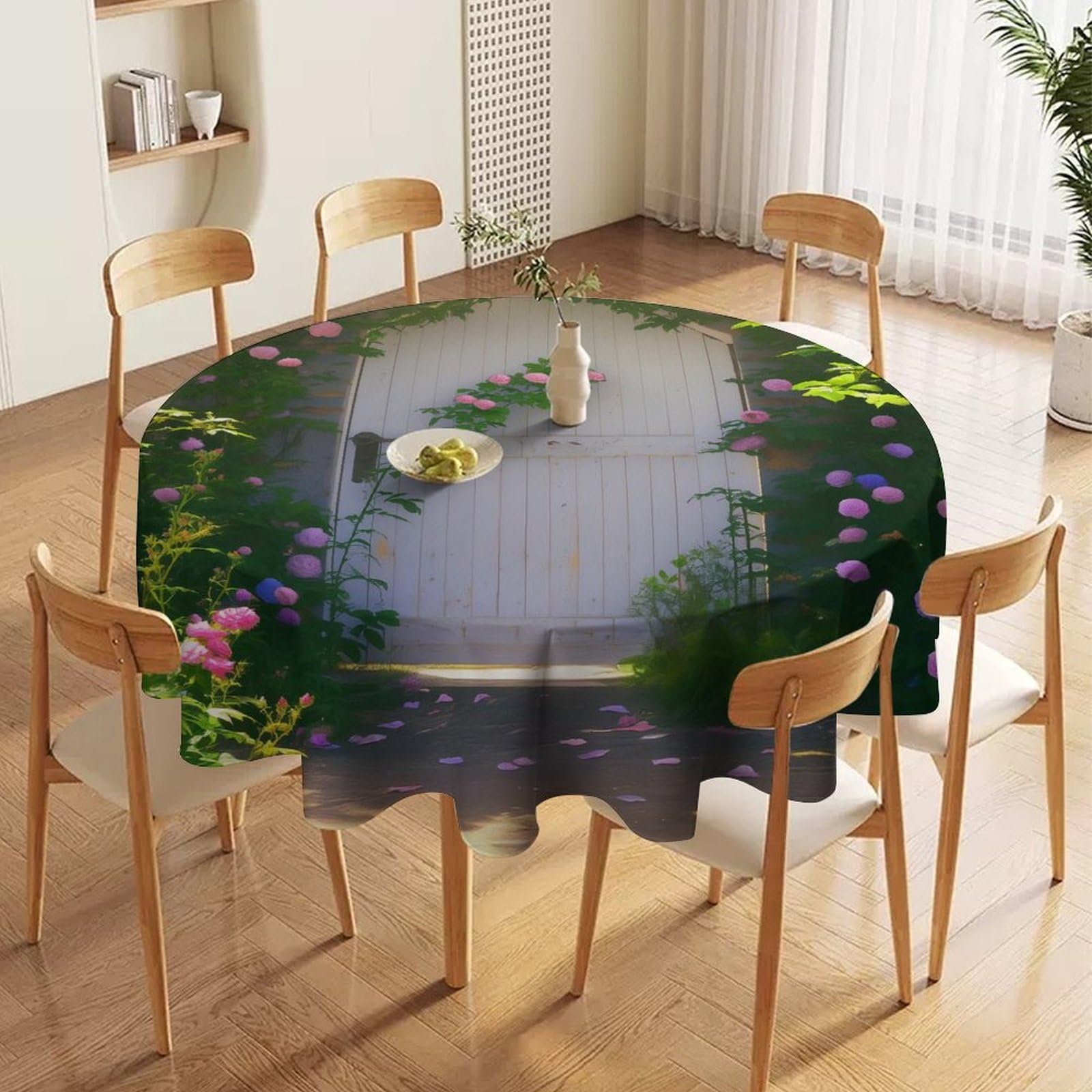 ORDOBO 3D Print Round Tablecloth - Purple Flowers Waterproof Dust-Proof 3D Print Table Cover For Dinner Kitchen Garden Fashion Home Countertop Decoration 127X127Cm