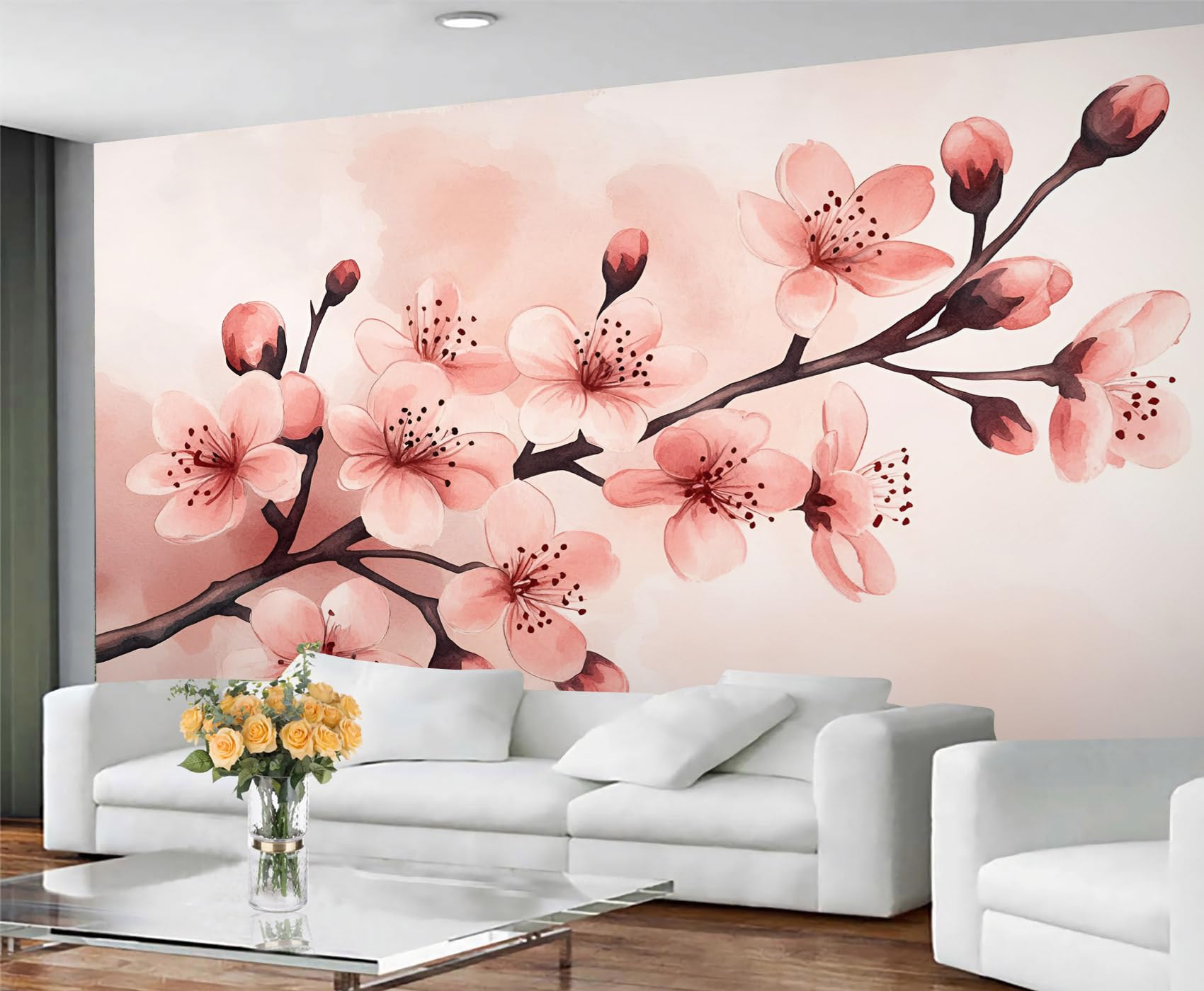 GIVLWF Cherry Blossoms Wallpaper & Home Decor, Pink Blooms Wallpaper for Living Room, Flowers Bedroom Wall Paper, Non-Self-Adhesive Floral Artwork Murals for Walls