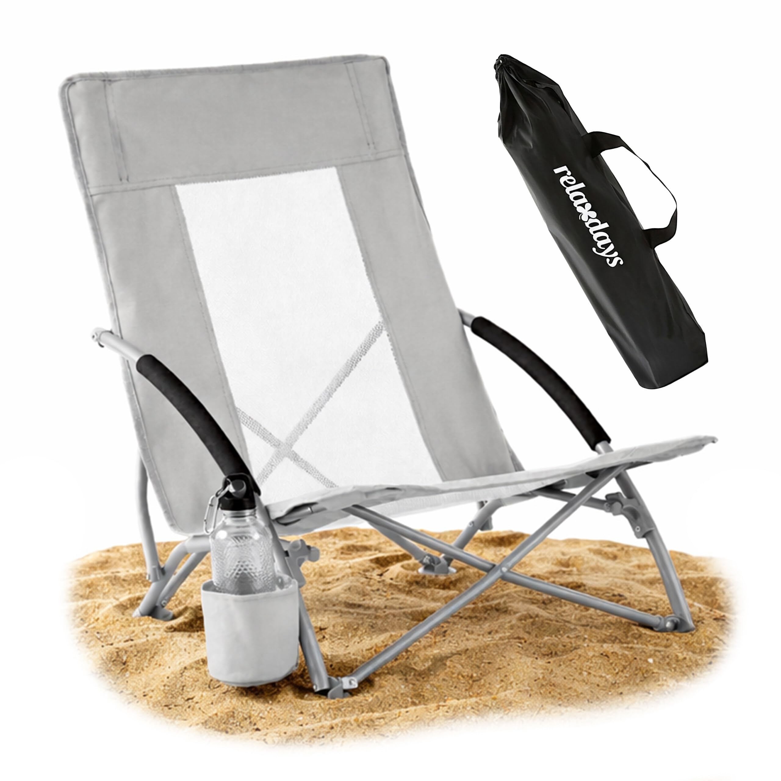 Fauteuil de Plage Pliant Relaxdays, Housse, Porte-gobelet, 135 kg, Mesh, léger, Polyester, métal, Gris