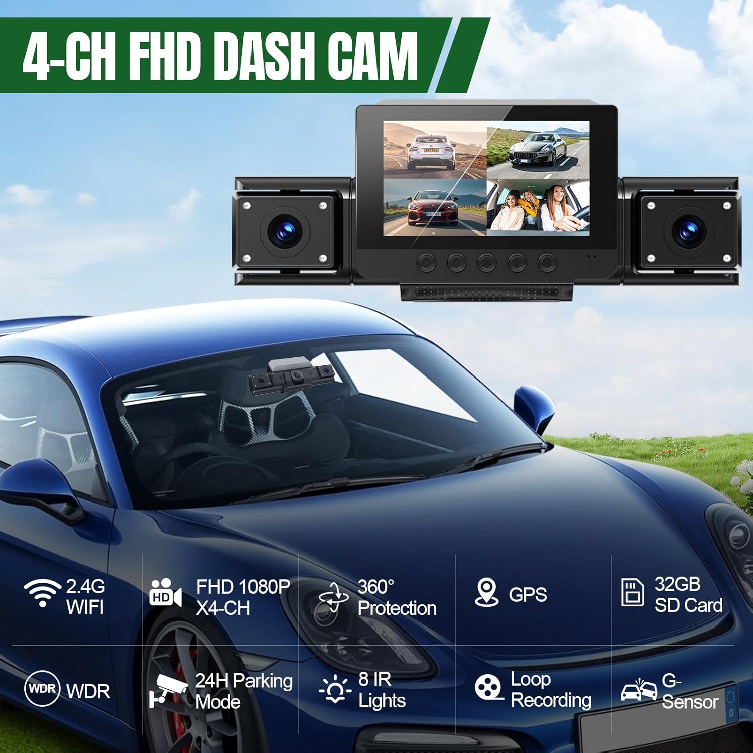 4 Channel Dash Cam,360° All-Around View,Front and Rear Inside Car Camera with 3" IPS Screen,4-Way Dash Cam 24H Parking Mode,Built-in GPS,8 IR Night Vision,G-Sensor,Free TF Card Included