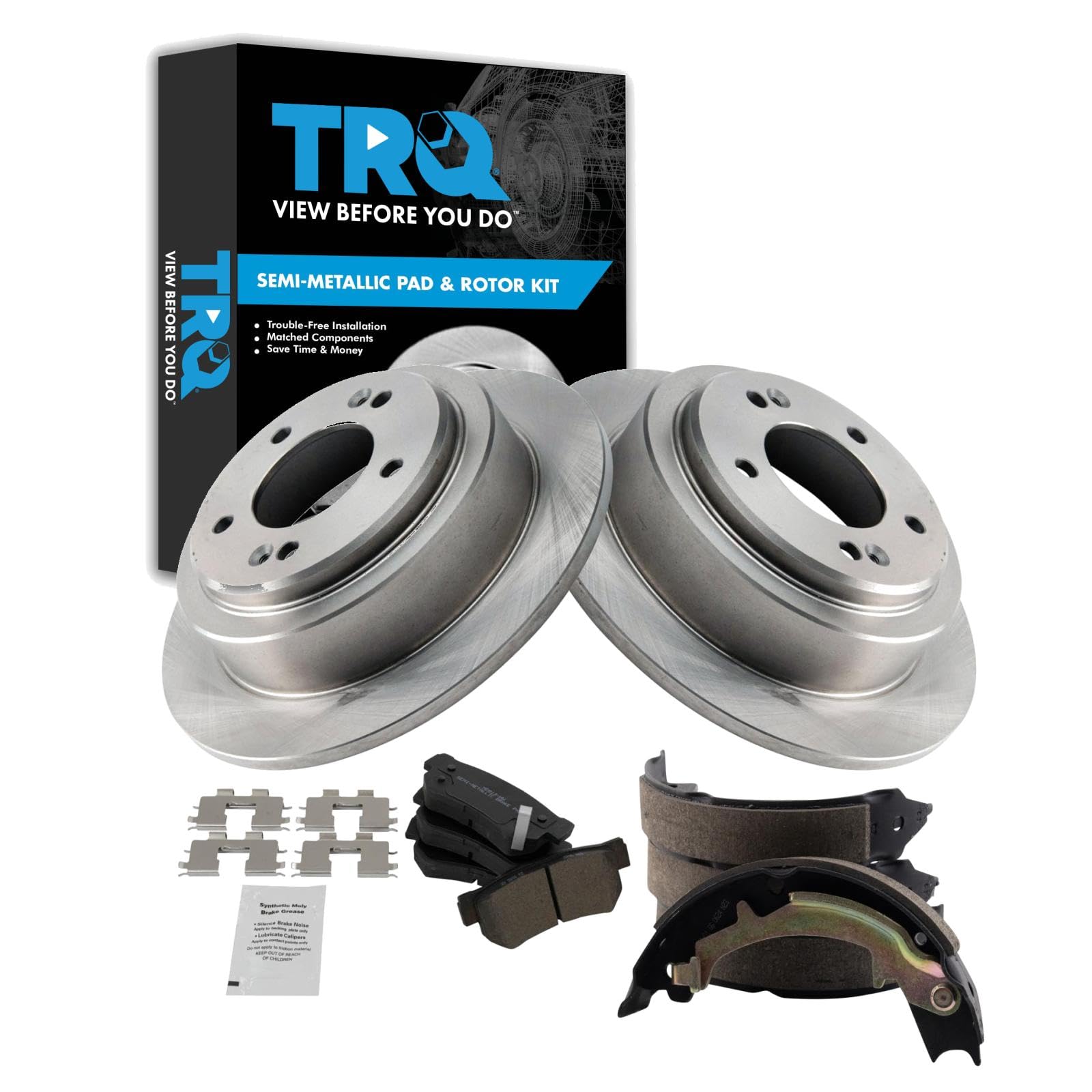 TRQ Rear Brake Pad and Rotor Set Semi Metallic Parking Shoe Compatible with 2004-2006 Kia Amanti