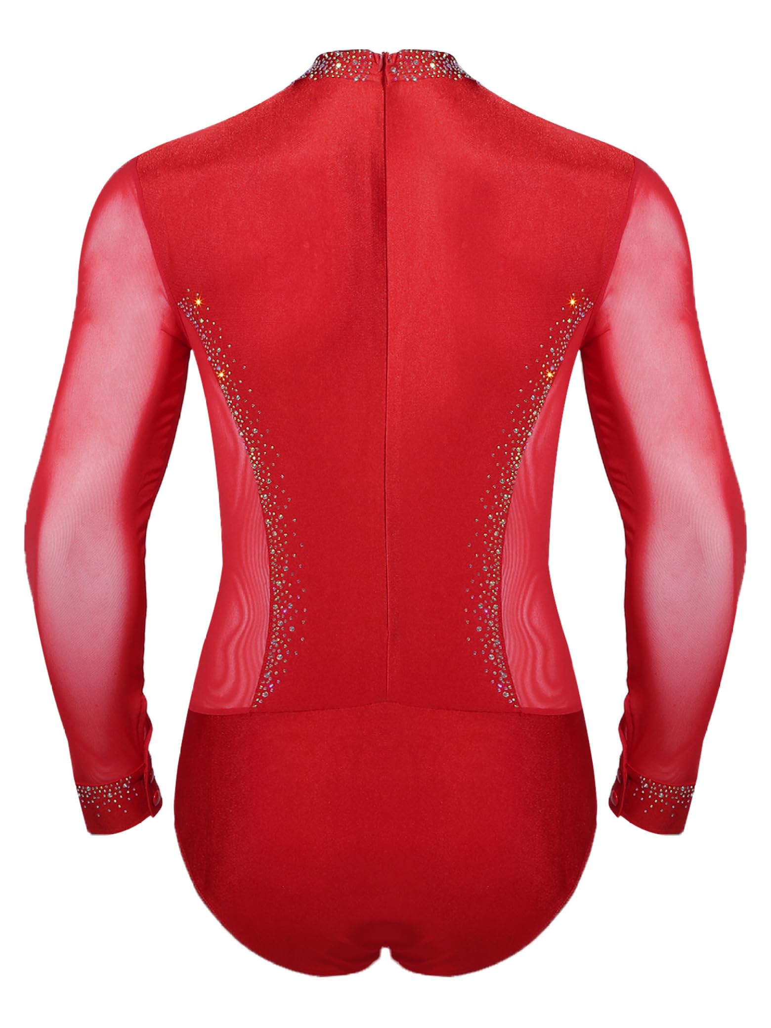 Body de manga larga para hombre, de malla de patchwork, para danza latina, body con brillantes brillantes de estrás
