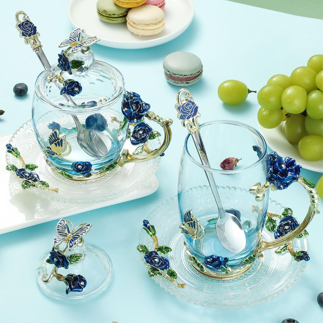 Glass Coffee Mugs Fancy Tea Cup Set Butterfly Rose Coffee Cup Christmas Tea Gifts for Women Birthday Mother's Day(12ozBlueRose) - Image 4