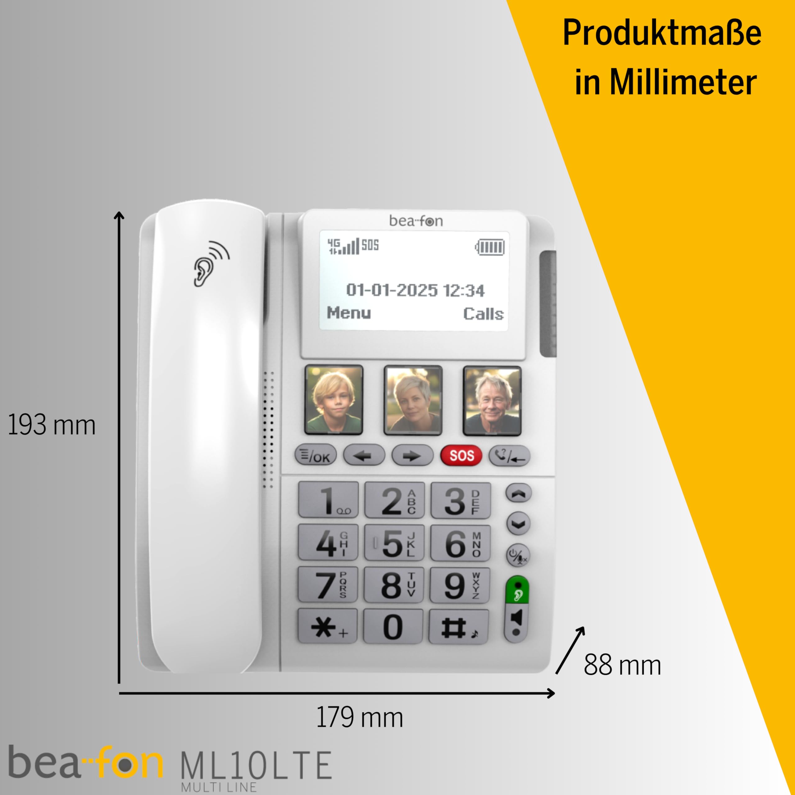 beafon, Silverline, ML10, telefono da tavolo, LTE (4G), con pulsante di emergenza SOS, con cinturino SS, HAC M4/T4, 3 tasti a scelta rapida (simboli o foto), numeri XXL, funzione vivavoce,