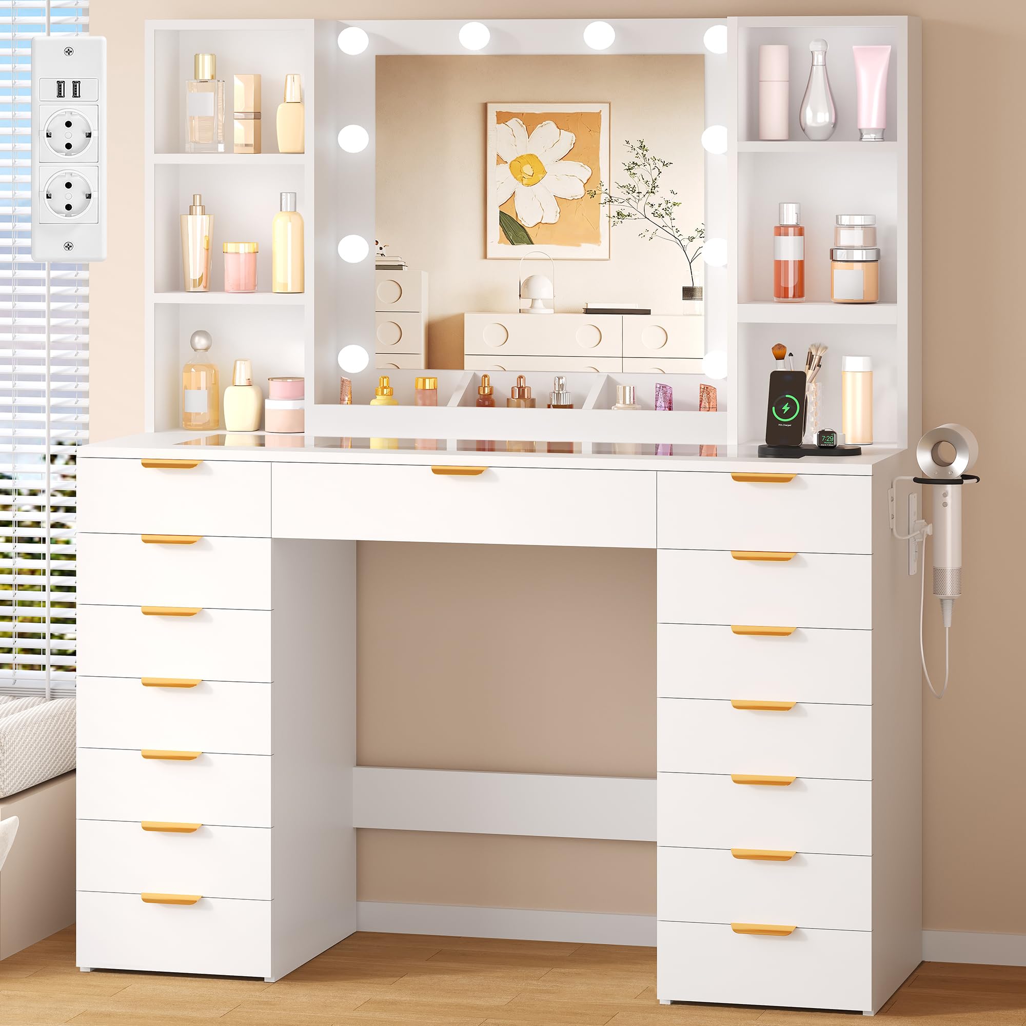 Grande Tocador de Maquillaje con Luz LED y Espejo,Vidrio,Enchufes