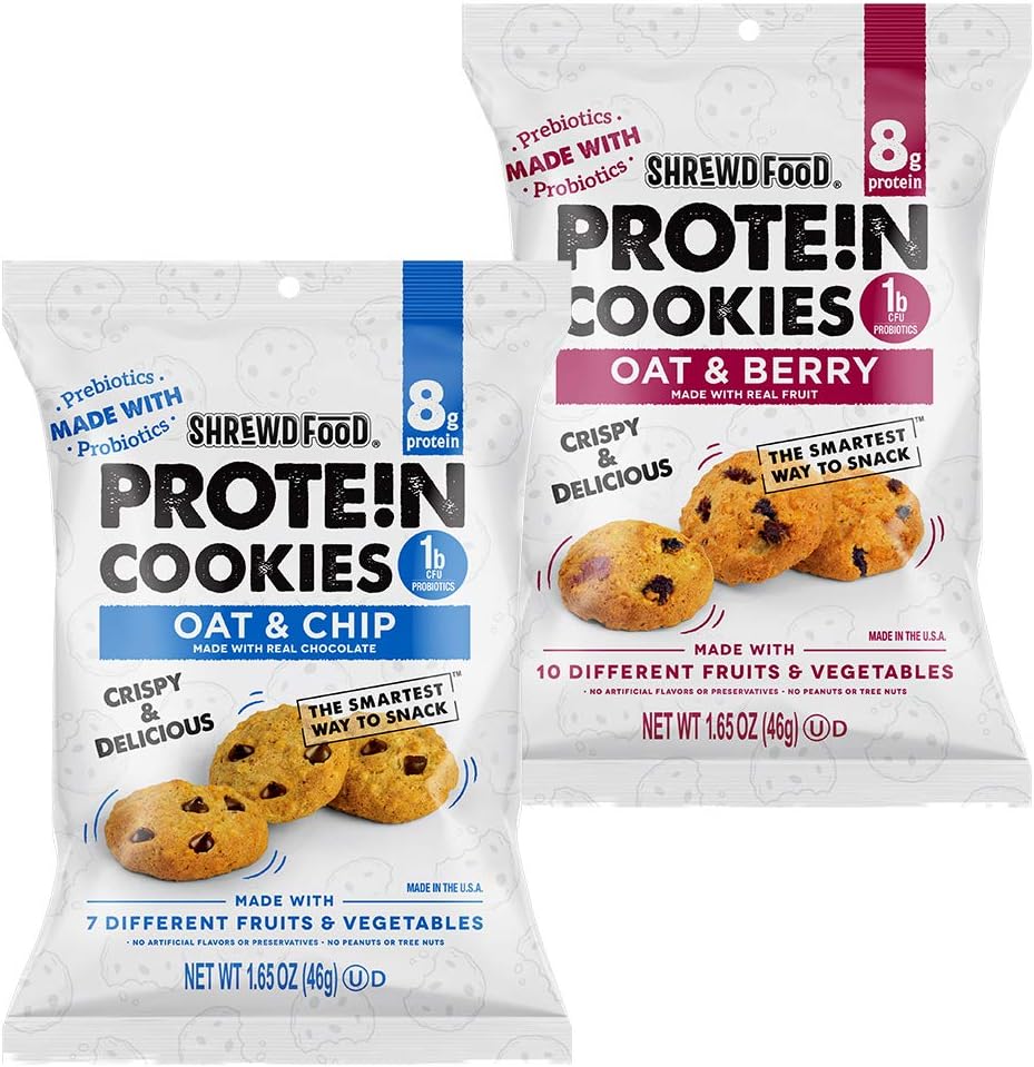 Shrewd Food Mini High Protein Cookies | Variety 6 Pack | Oat & Chip, Oat & Berry | 8g Protein, Made with Prebiotics & Probiotics | Supports Digestive Health, Healthy Snacks, Dessert Sweets, Diet Foods
