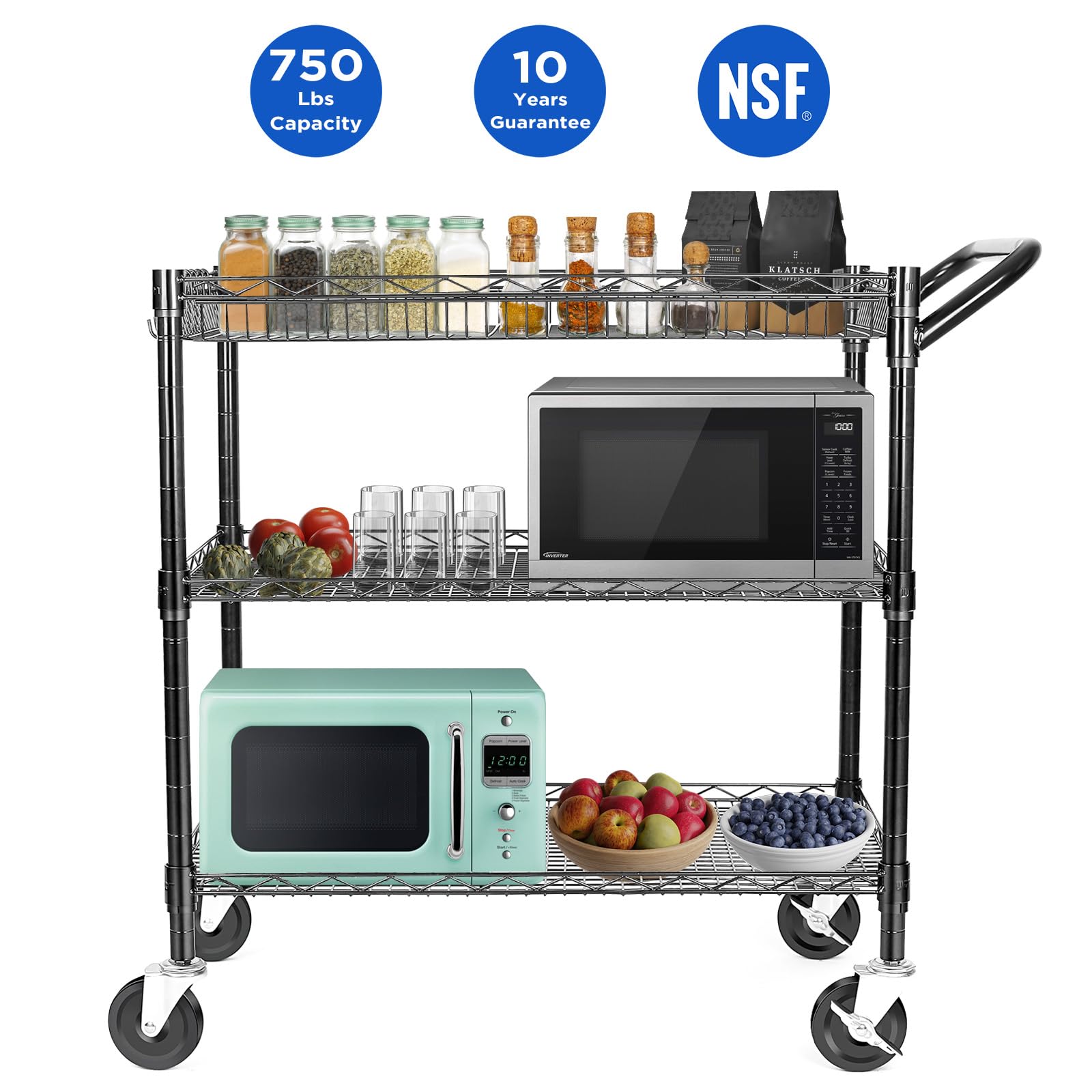 WDT Carrito utilitario resistente de 3 niveles, carrito rodante de alambre con ruedas, carrito de servicio de grado comercial con forros de estantería y barra de mango, carros de metal para accesorios