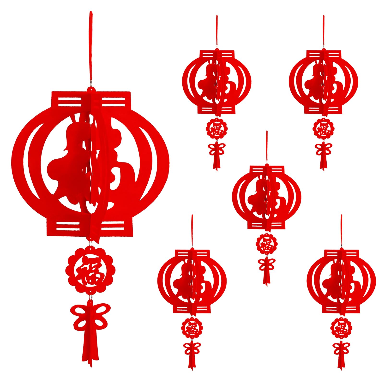 6 Pieces Chinese Lanterns, Chinese New Year Lanterns Decorations, Hanging Red Paper Lucky Lantern 3D Puzzle Lantern for Chinese Spring Festival, Wedding, Party, Lantern Festival Celebration (Red Fu)