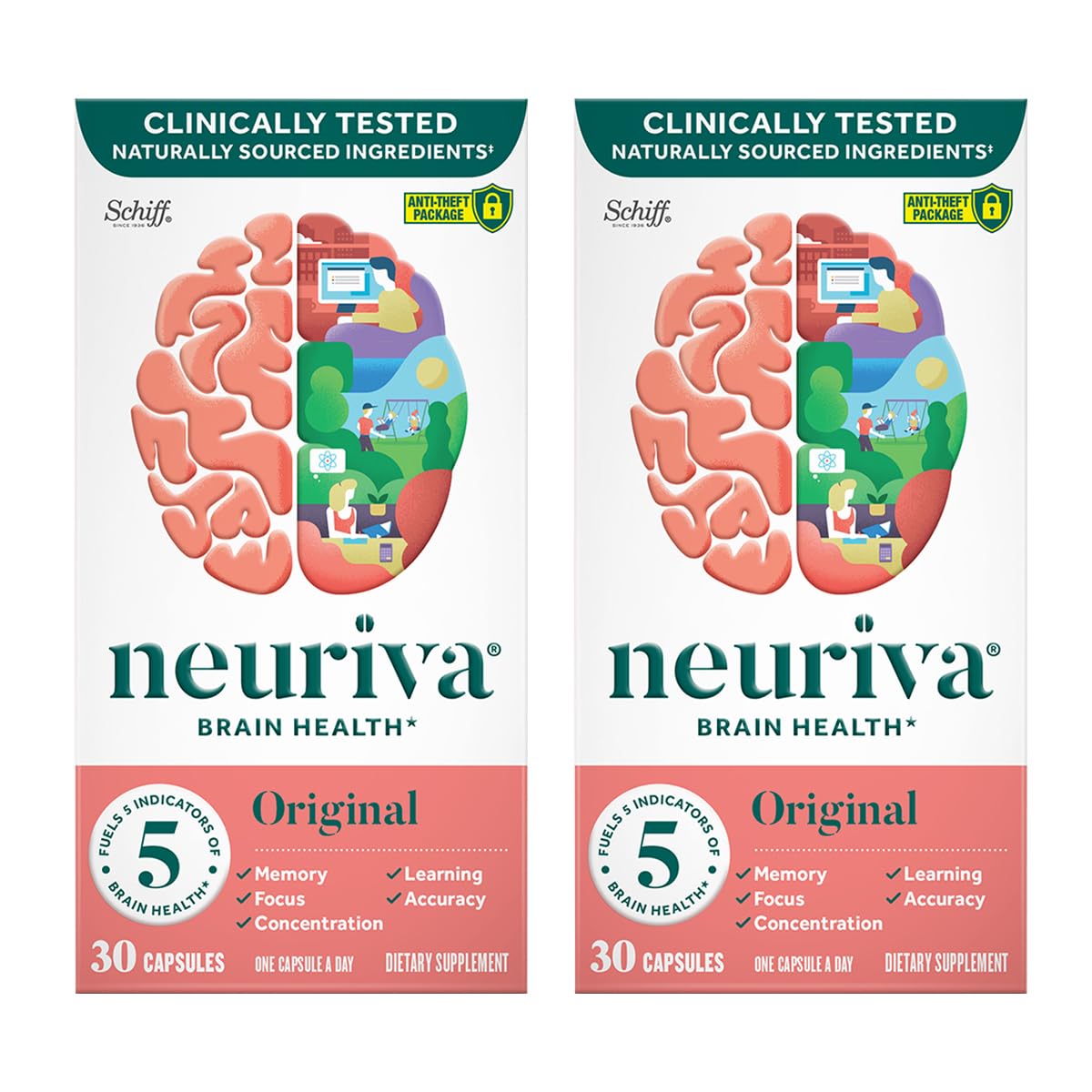 Original Brain Supplement for Memory, Focus & Concentration + Learning & Accuracy with Clinically Tested Nootropics Phosphatidylserine and Neurofactor, Caffeine Free, 30 Capsules (2 Pack)
