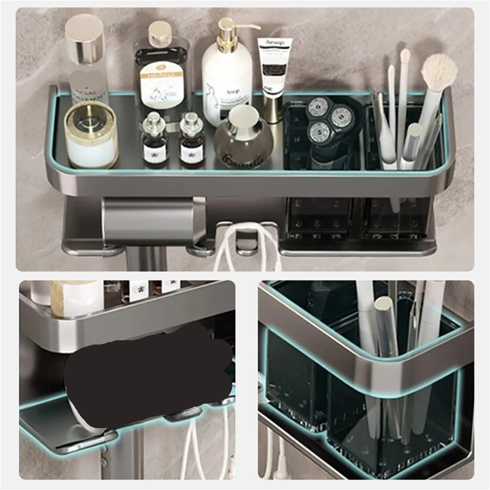 Badezimmerregal Make-up-Aufbewahrungsorganisator Aluminiumlegierung Haartrocknerhalter Badezimmerzubehör Wandregal Für Haartrockner(Black)