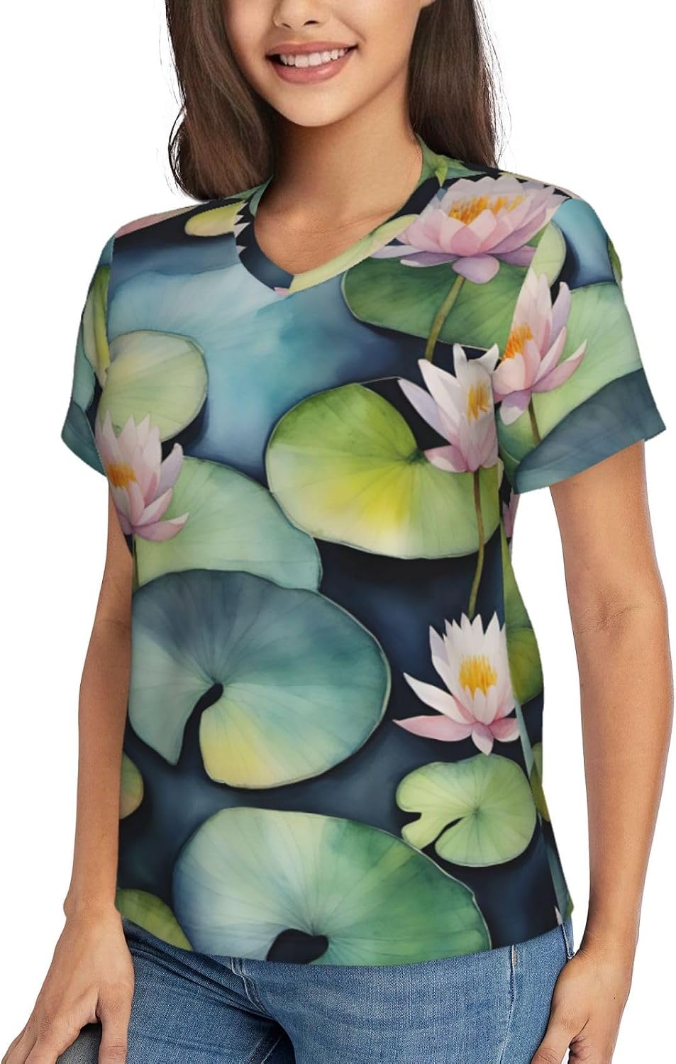 Women Casual Black Lily Pads Print V-Neck T-Shirt Short Sleeve Summer Trendy Tops.