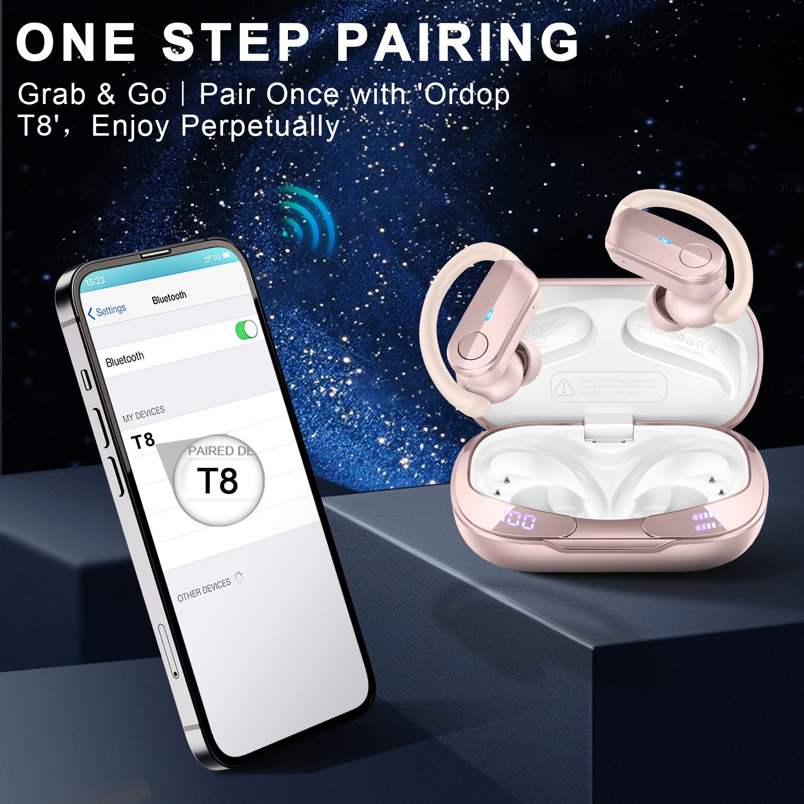 Ordtop Auriculares Inalambricos Deportivos, 2026 Auriculares Bluetooth 5.4 con 3D-Estéreo, IP-X8 Impermeable Cascos Inalambricos, Cancelacion Ruido ENC, Pantalla LED Headphones Running Gym