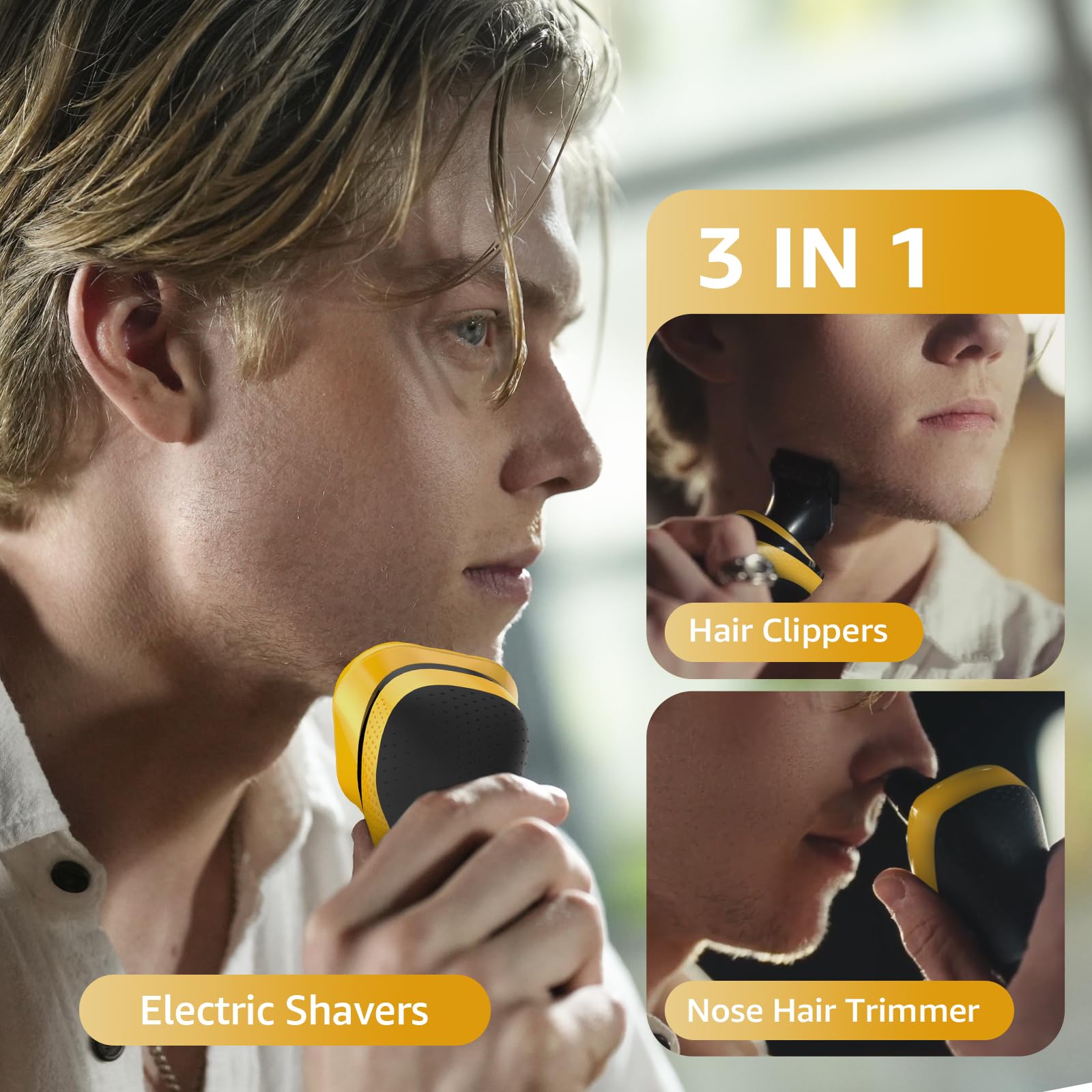 rategist Maquinilla de afeitar eléctrica recargable para hombres: afeitadora 3 en 1 para barba/nariz/patillas - Kit de viaje impermeable IPX7 - Cuchillas de velocidad turbo y precisión, color amarillo