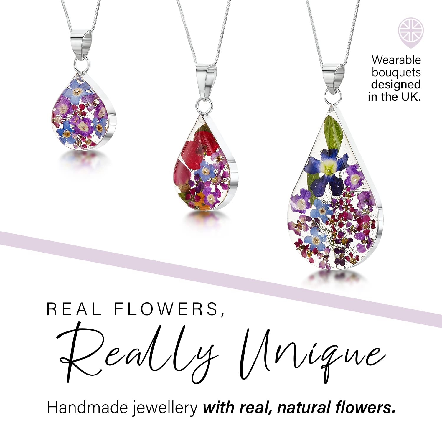 Shrieking Violet® - Collana con fiori veri e propri in argento Sterling con pendente a goccia con fiori viola
