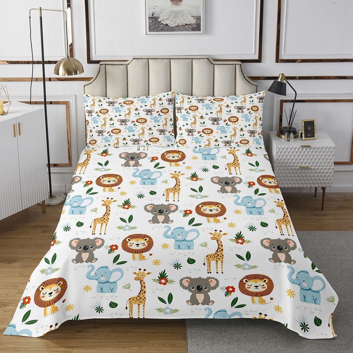 jejeloiu Cute Zoo Bedspread Queen Size Lion Elephant Giraffe Koala Coverlet Set for Kids Cartoon Animals Quilted Coverlet Soft Lightweight Microfiber Bedroom Decor