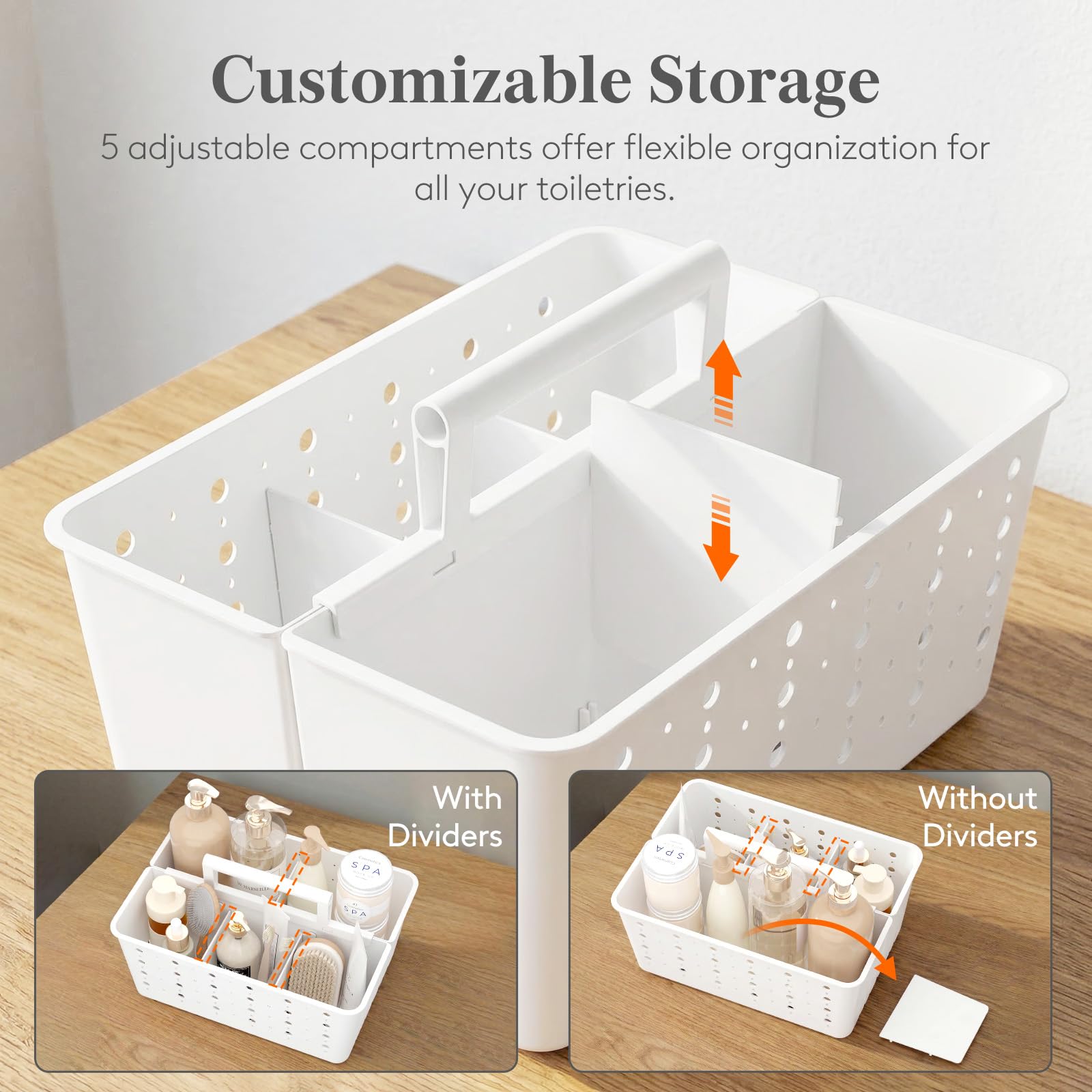 Lifewit Shower Caddy Portable, Cleaning Supplies Caddy Organizer with Handle and Adjustable Dividers, Plastic Shower Basket for Dorm Room Essentials, College, Bathroom, White, 1 Pack - 4