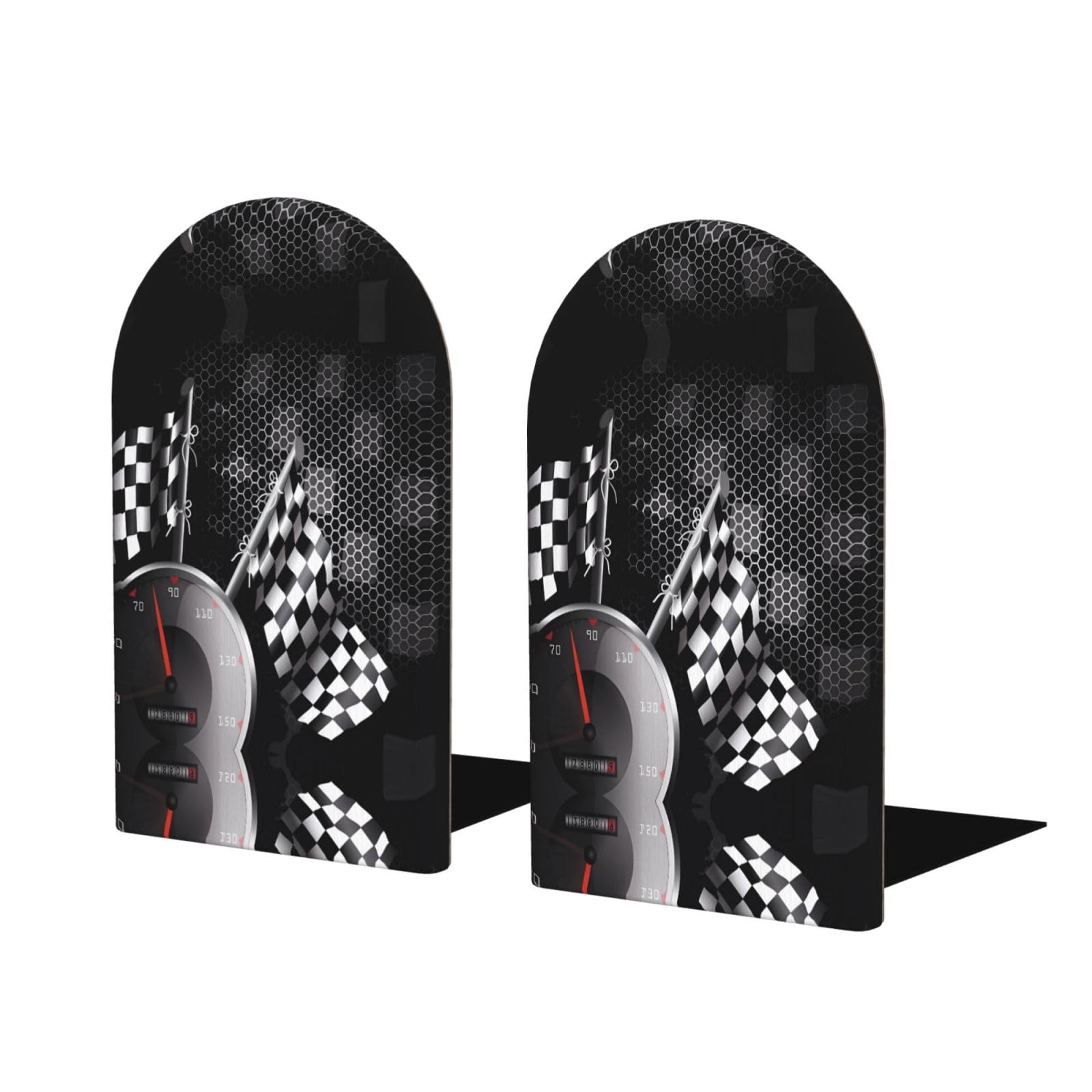Checkered Flag Racing Printed Wooden Bookends – Wood Book Holders – Decorative Shelf Stopper for Books, DVDs, Journals