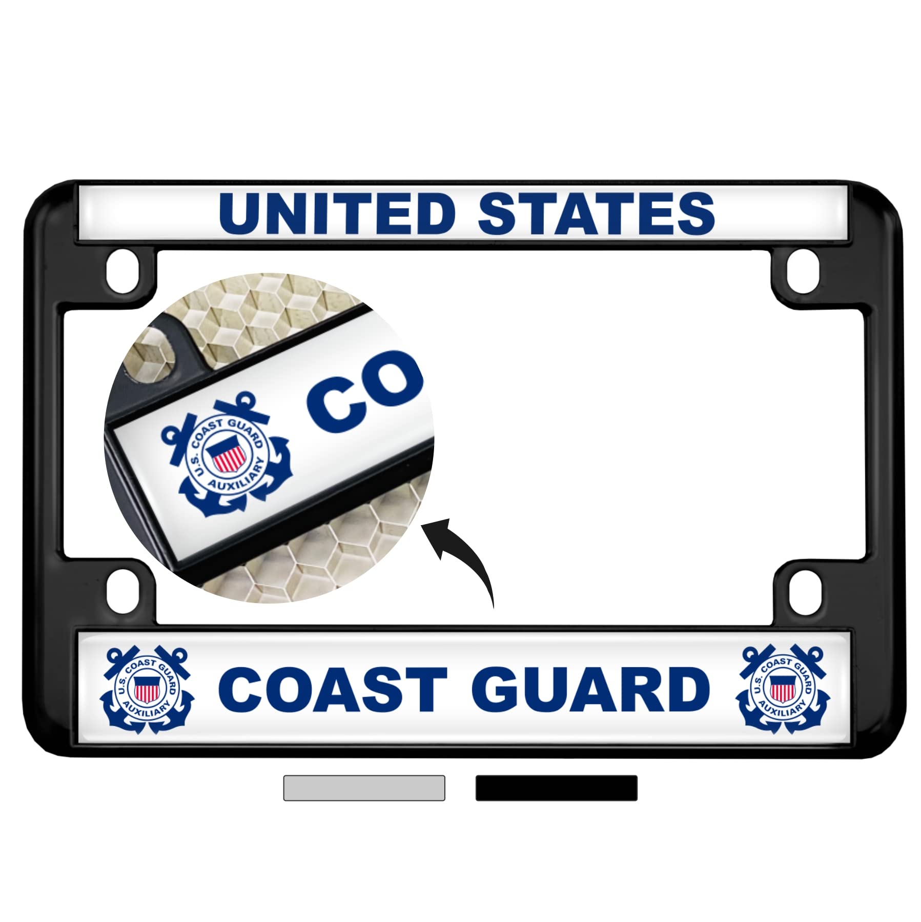 Motorcycle Metal License Plate Frame with U.S. Coast Guard Design - Black