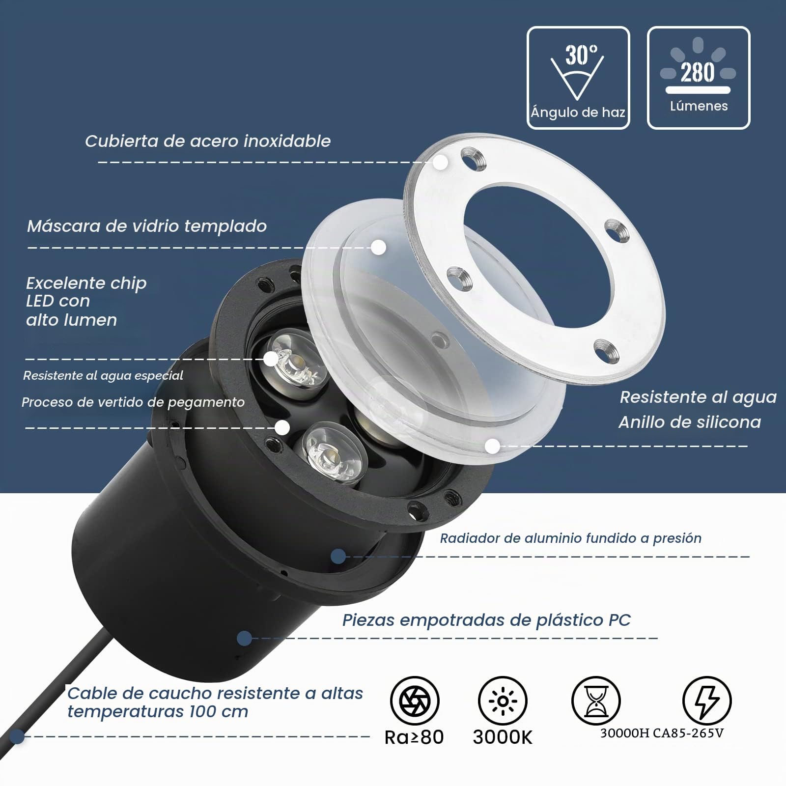 4 focos led empotrables en suelo, 3 W, 230 V CA, IP68, 270 lúmenes, para exterior (luz blanca cálida)