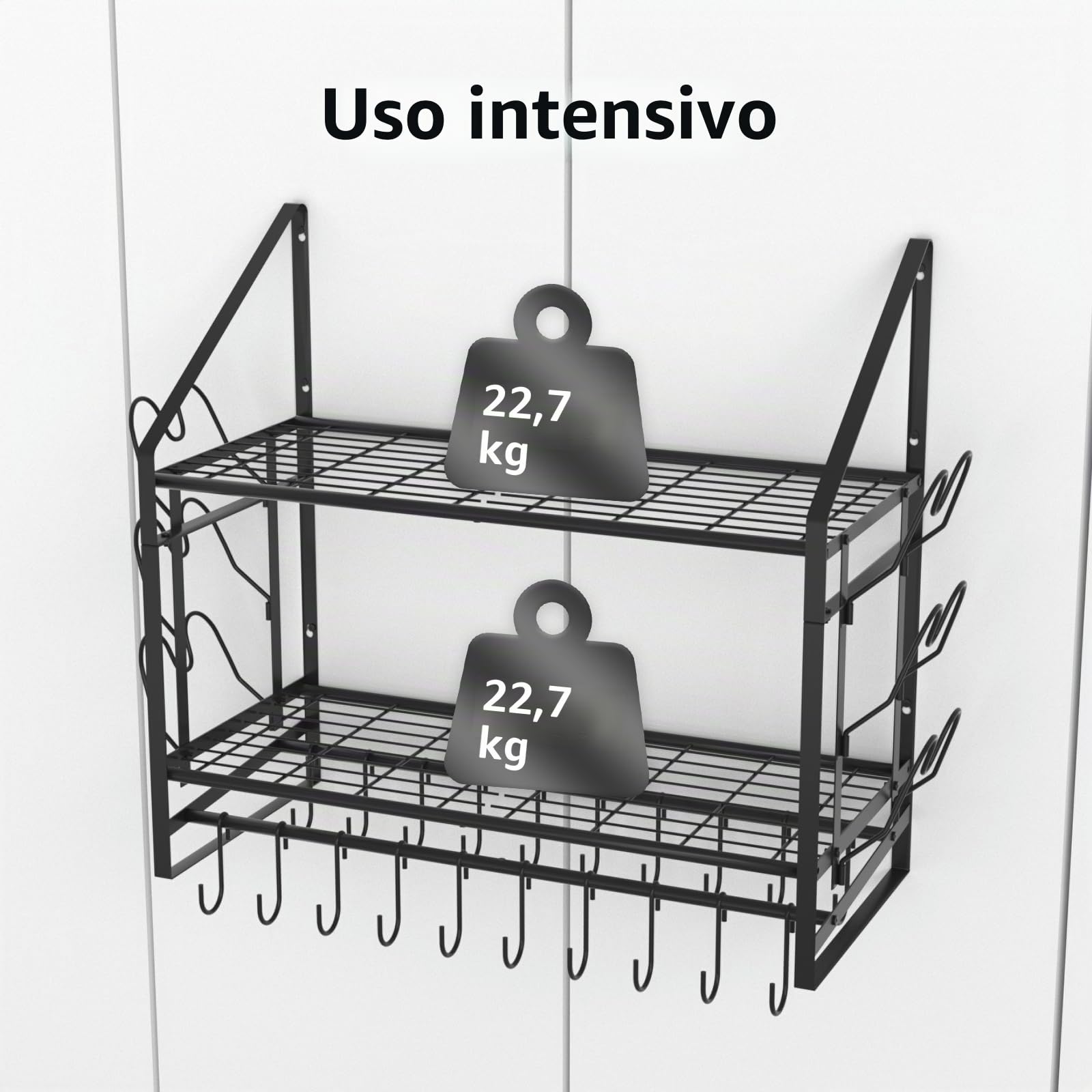 VyGrow Scaffale da parete da 71 cm, organizer per pentole e padelle a 2 livelli con 20 ganci e 6 supporti per coperchi, in acciaio resistente, per pentole e padelle da cucina, 88,1 cm di lunghezza x