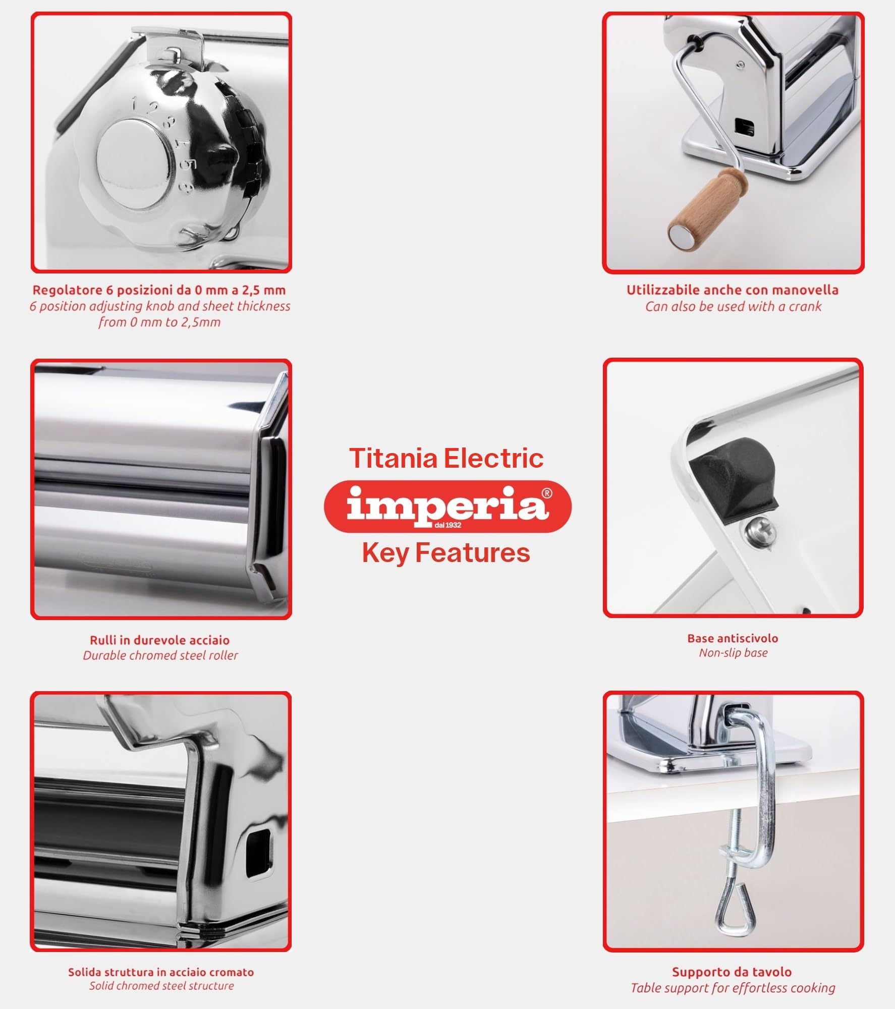 Imperia IPasta Ligne Classique. Machine à pâtes. 100% Fabriqué en Italie. Machine à pâtes fraîches en acier. Laminoir manuel avec manivelle. Crée lasagnes, tagliolini, fettuccine. Crème.