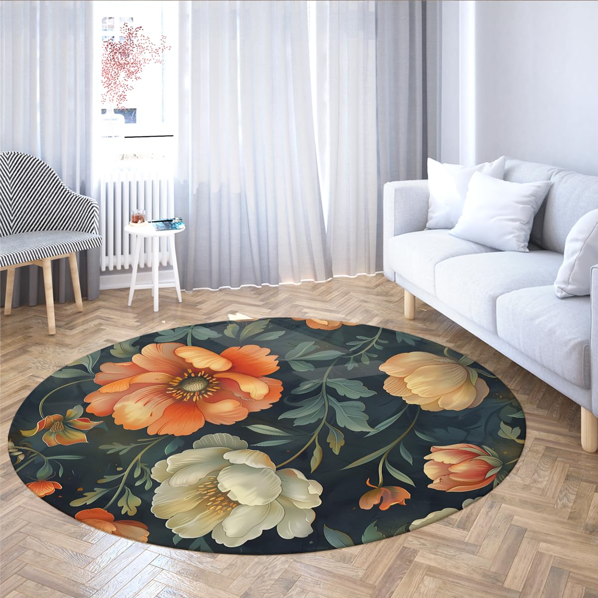 Blumen-Rundteppich 200cm Pfingstrosen-Blumenteppich fürs Wohnzimmer