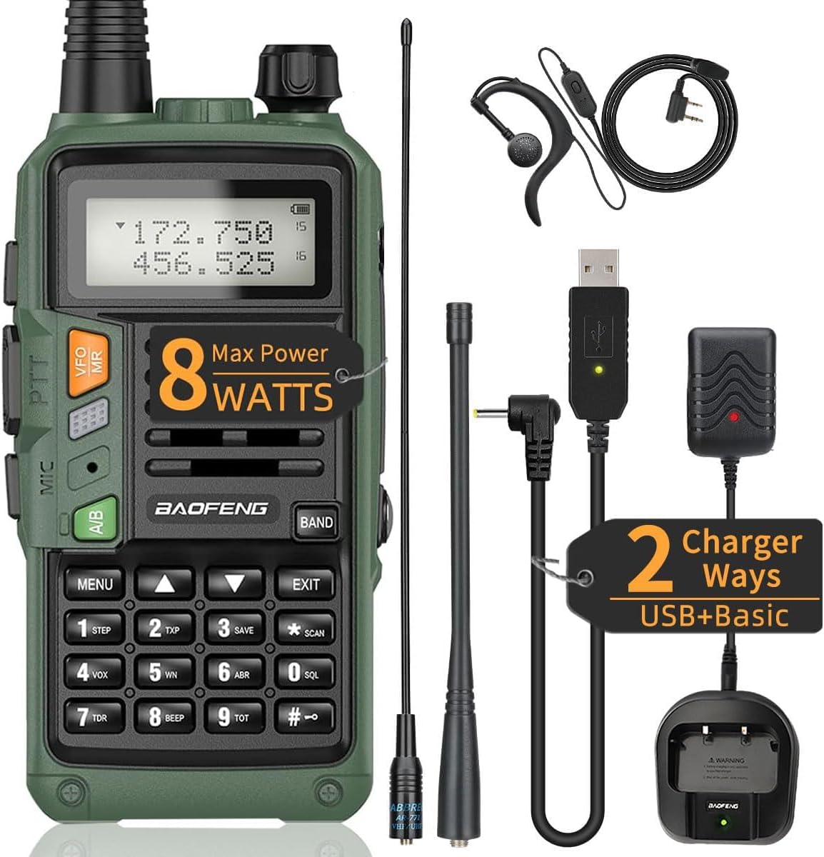 Image showing the BAOFENG UV-S9 Plus radio along with its included accessories: two antennas, battery, desktop charger, USB charging cable, belt clip, and earpiece.