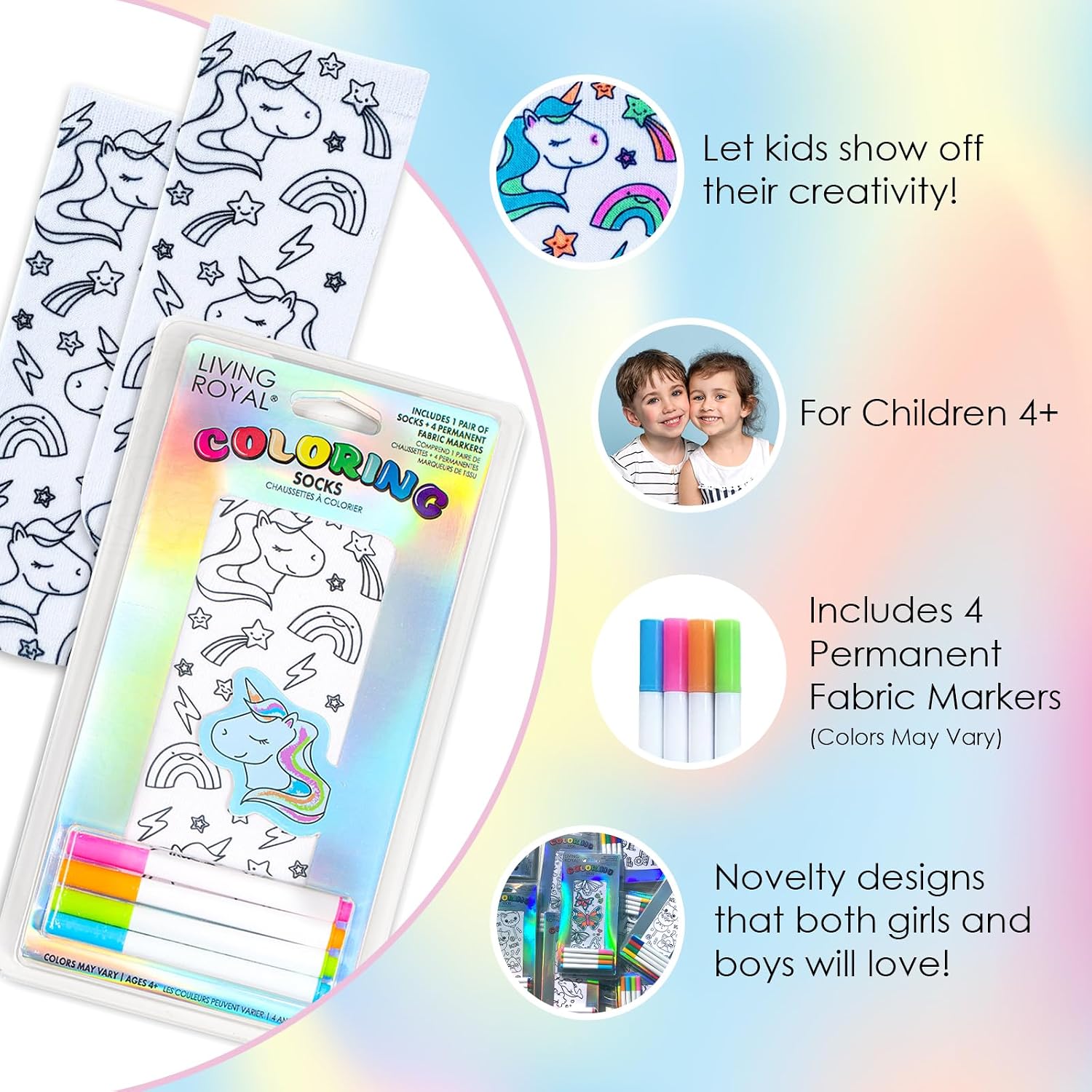 Living Royal Coloring Socks, Unisex 100% Polyester Funny Socks, Gifts for Kids, One Size Fits Most, Includes 4 Fabric Markers