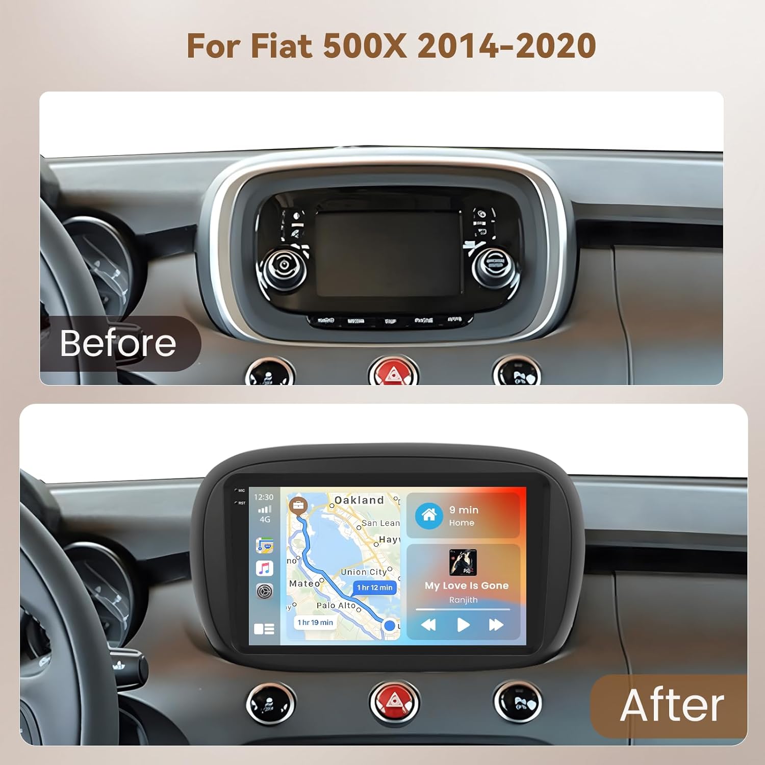 A close-up view of the Hikity Android car radio's rear panel, showing various ports and connectors for power, audio, video, USB, and antenna connections.