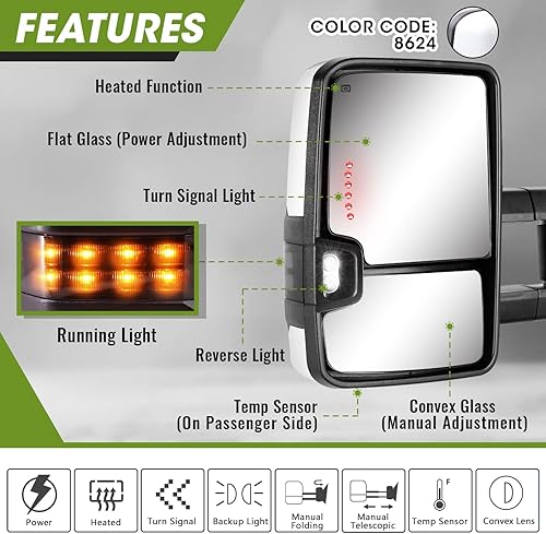 Miniatura 2 de Espejos de remolque 2014-2018 Chevy Silverado GMC Sierra con luz de funcionamiento, luz de señal de giro, luz de respaldo, calefacción, vidrio
