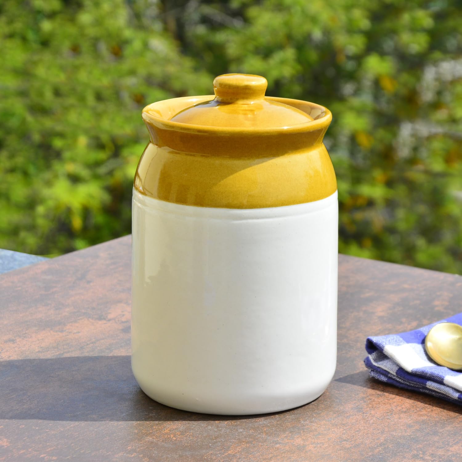 StyleMyWay Hand Glazed Dual Tone Ceramic Jar with Lid (1400 ml, Sand Yellow, Off White) | Ceramic Storage Container for Kitchen, Salt, Spices| Pickle Storage Jar | Burni for Achar