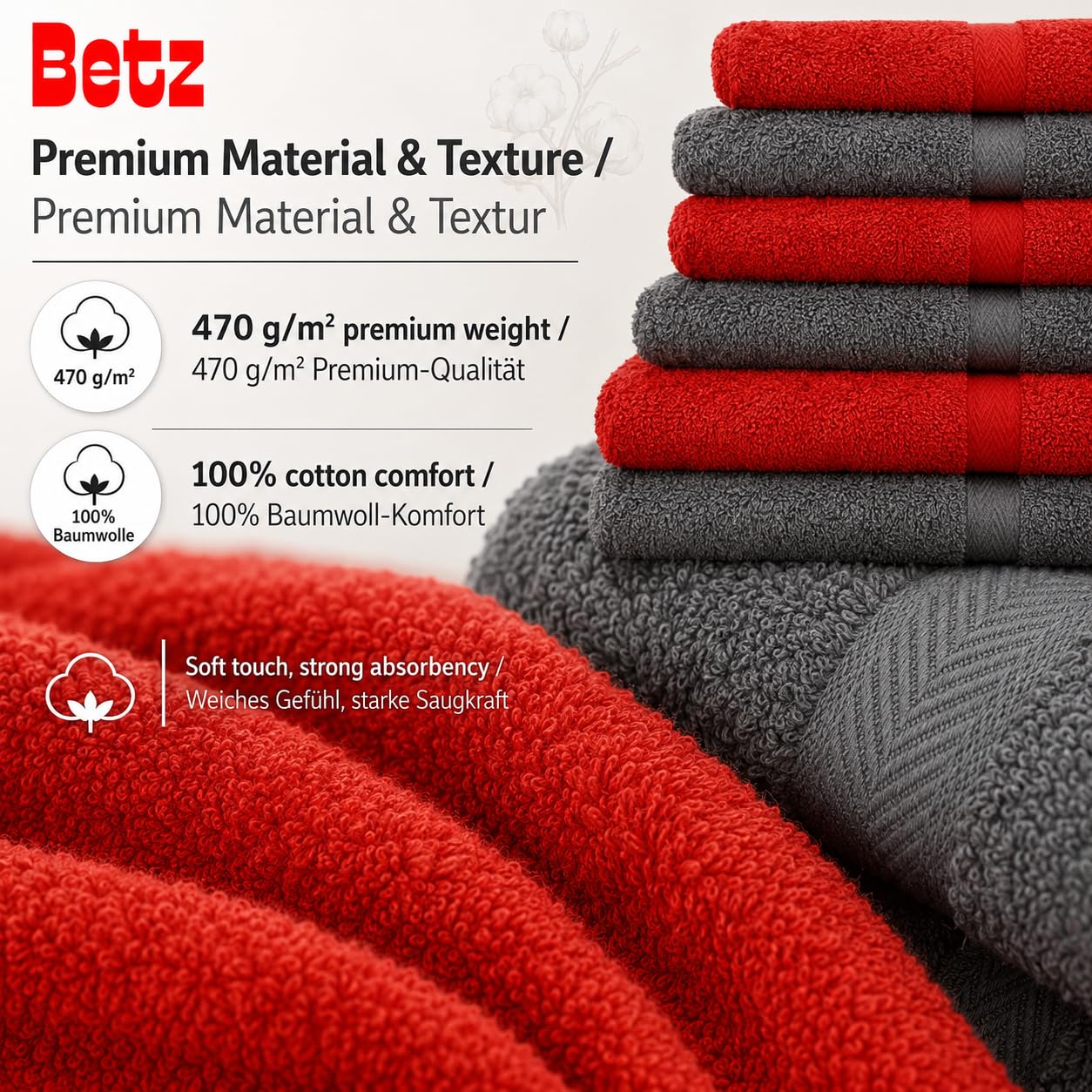 Betz Premium Frottier Handtuch-Set 10-teilig - 2X Duschtücher - 4X Handtücher - 2X Gästetücher - 2X Seiftücher - 2X Waschhandschuhe - Farbe Rot & Anthrazit