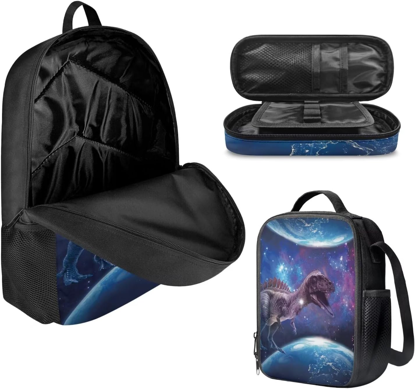 Galaxy Dinosaur Print Boys Girls Backpack with Lunch Box, Kids Backpacks for Elementary Hight School Bookbag Outdoor Travel Lunch Bag Pen Pouch Set,Carry-On Packs,Unique Gift (Blue)