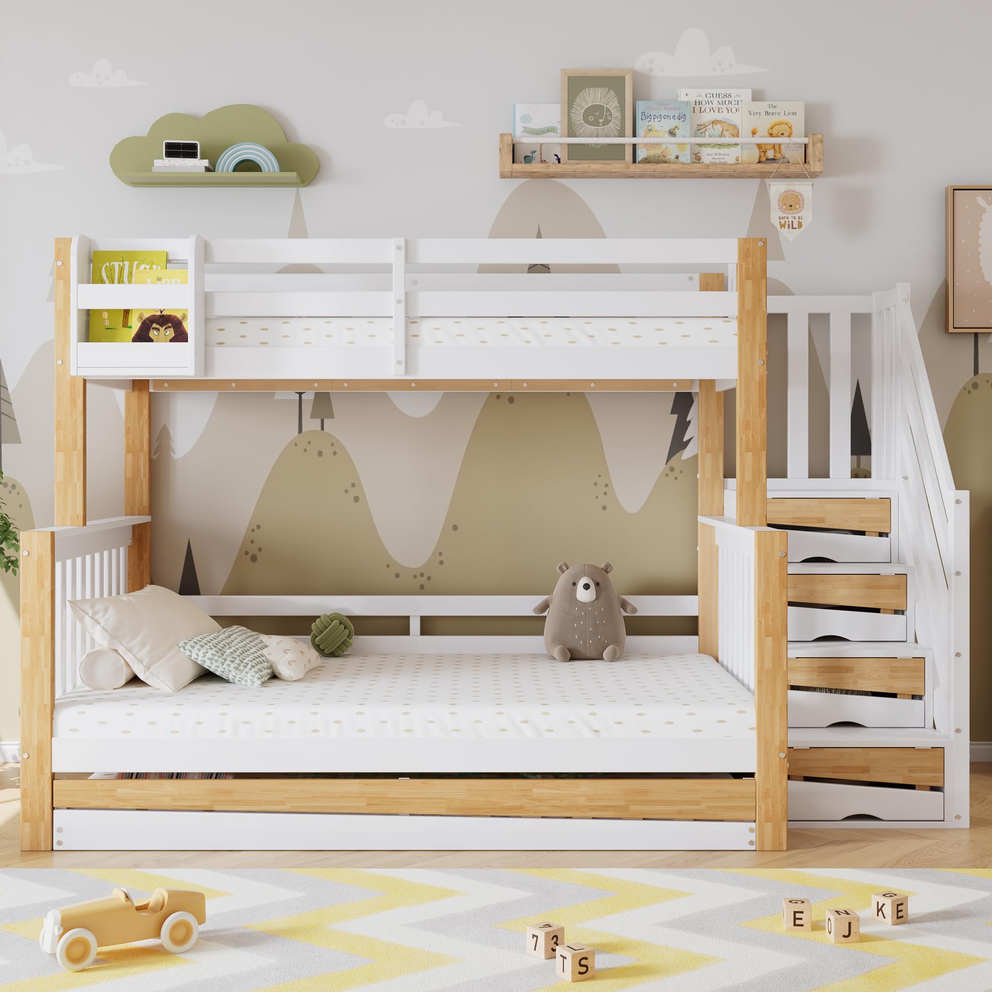 Letto a castello 90 x 200 e 120 x 200 cm, con letto a rotelle, design speciale di rivestimento della porta, scala angolare, pino+MDF, bianco e naturale