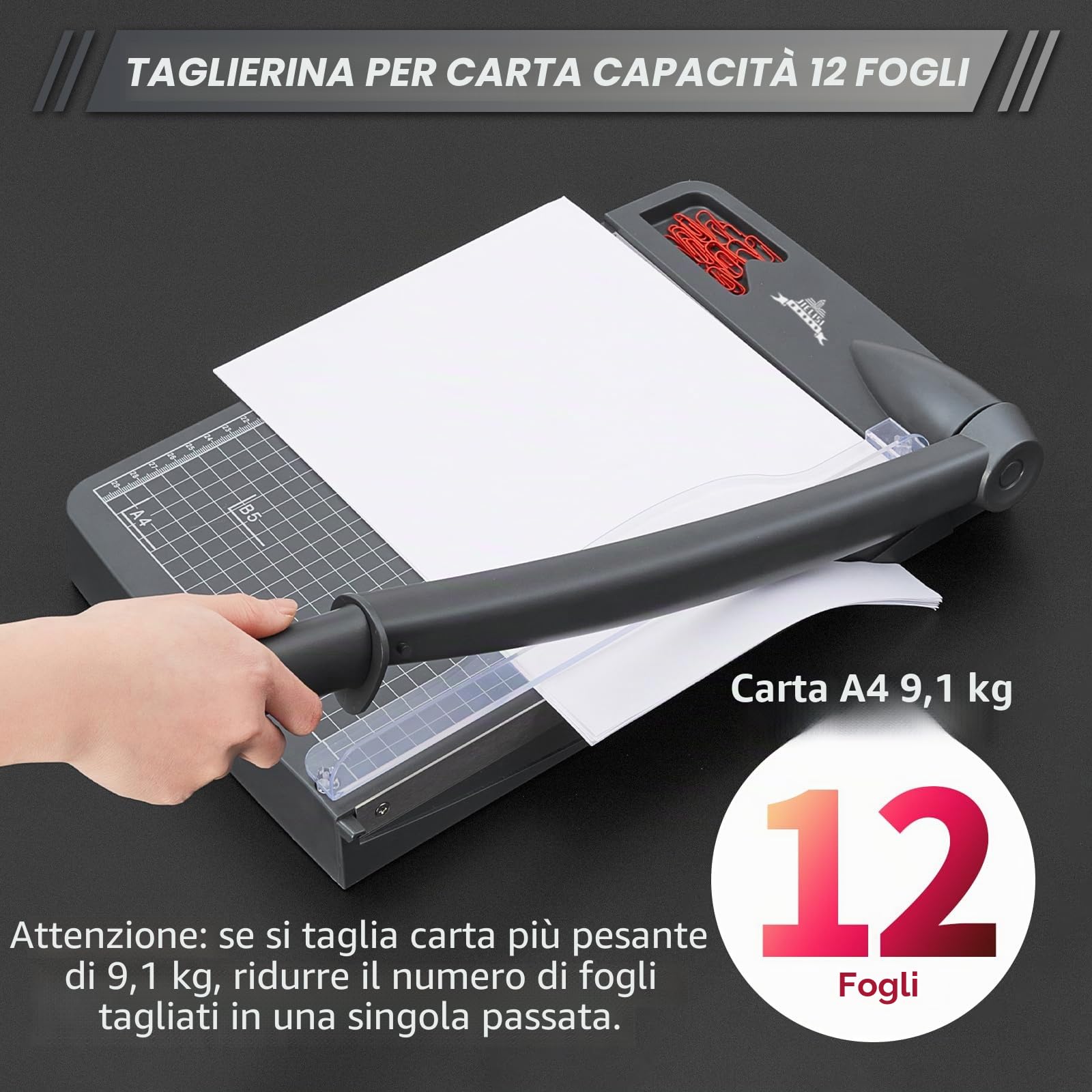 Taglierina per carta (fino a 80 g, A4, 12 fogli di potenza di taglio) manuale, taglierina carta, taglierina a leva, forbici per carta e foto, massima precisione (grigio scuro)