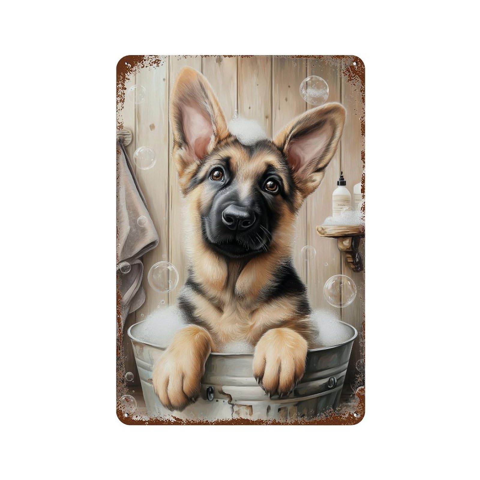 German Shepherd Puppy Bath Time Weathered Tin Sign 11.8"x7.9", for Basement, Hobby Room And Garage Decor, Rustic Home Decor