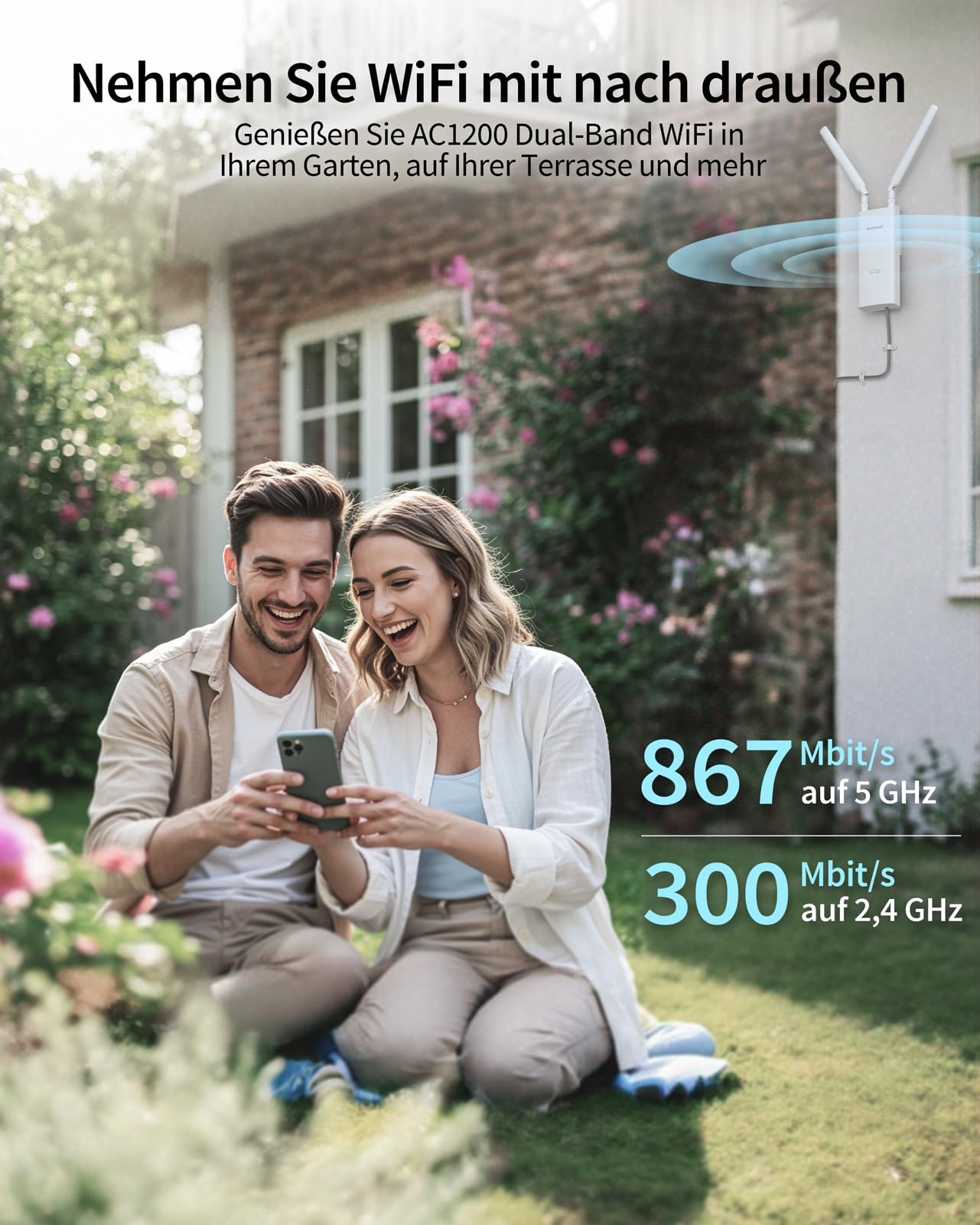 BrosTrend AC1200 Outdoor WLAN Verstärker Hohe Reichweite, IP65 Wetterfester | 802.3af PoE WiFi Repeater Extender mit Gigabit Port, DualBand 5GHz 867Mbit/s + 2.4G 300Mbit/s, mit Passive PoE Injektor, XE1