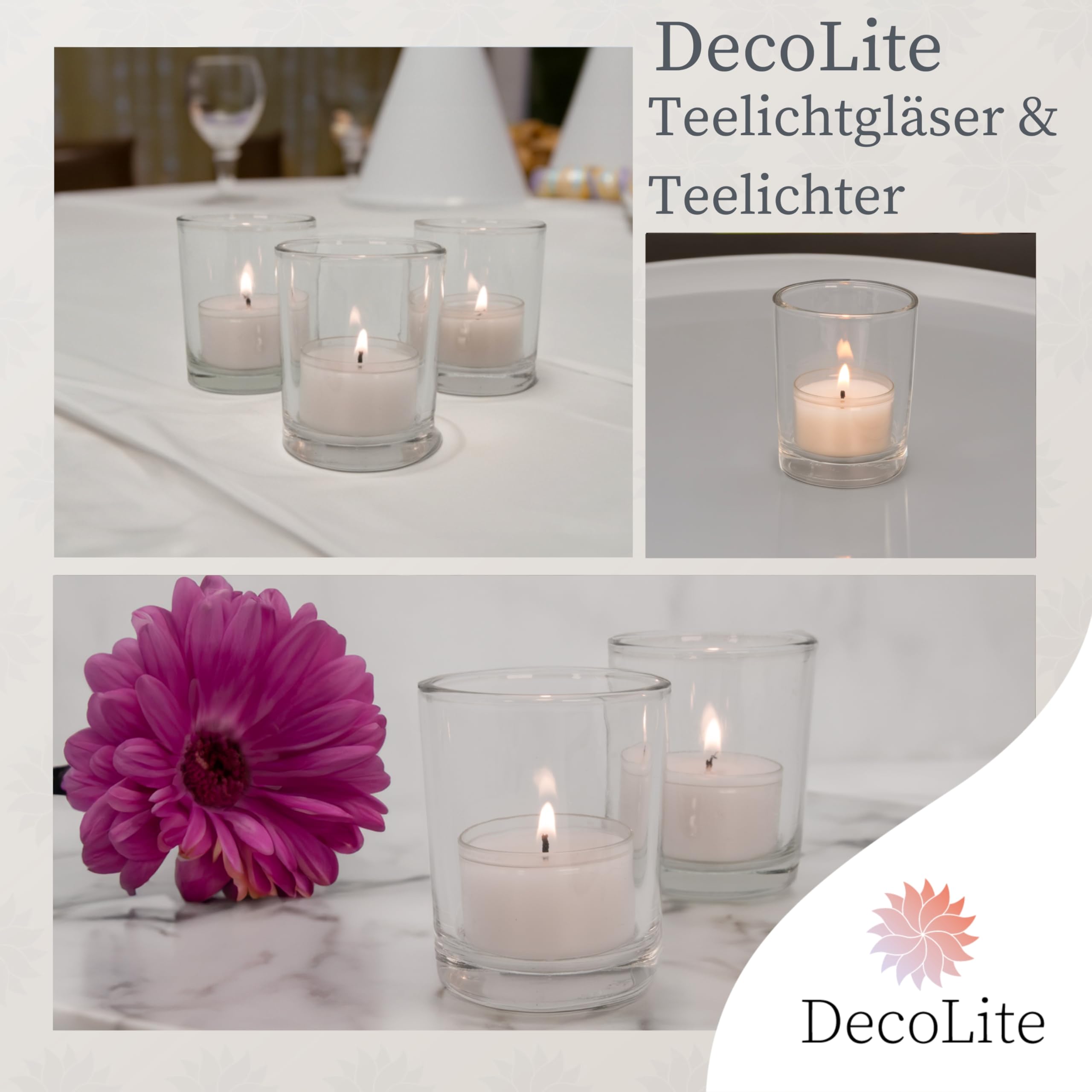 Teelichtgläser Set inkl. 50er Pack 8h Teelichter. Robuste Windlichter – Spülmaschinenfeste Tischdeko für Hochzeit, Gastronomie & Events Ø 5,5cm Gläser (48 Glashalter + 50 Teelichter)