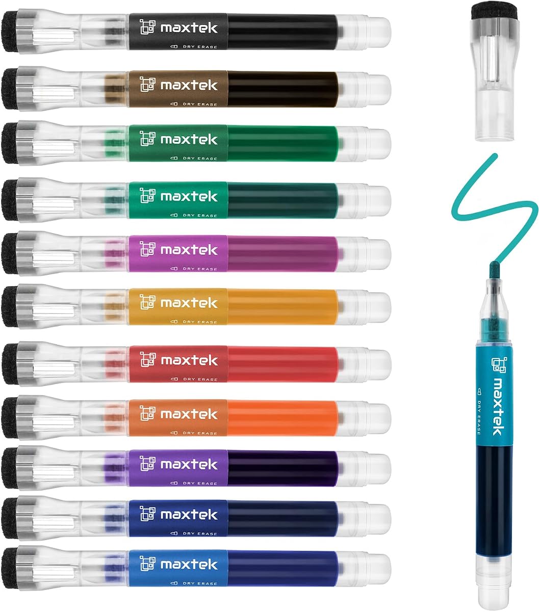 Dry Erase Markers, High-Capacity Liquid Ink with Visible Window, Fine Tip, 12 Colorful Magnetic Whiteboard Markers with Eraser for Teachers Office Supplies