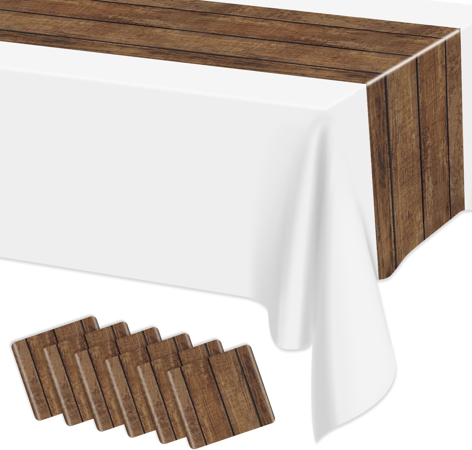 6Pcs Rustic Table Runner Brown Wood Grain Country Table Runner Table Cloth Rectangular Table Decoration for Western Barn Farm Barbecue Birthday Party Decorations, 14 x 108inch