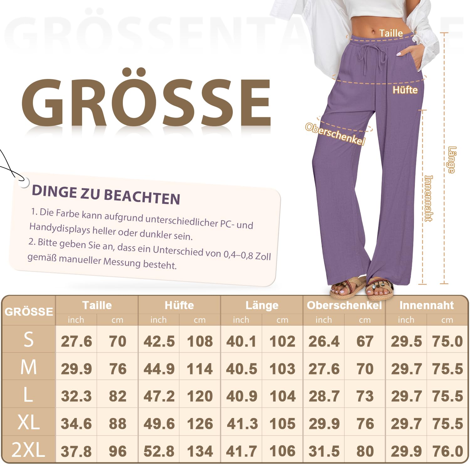 WESTGUY Pantaloni lunghi da donna in lino, a gamba larga, in cotone, con coulisse e tasche