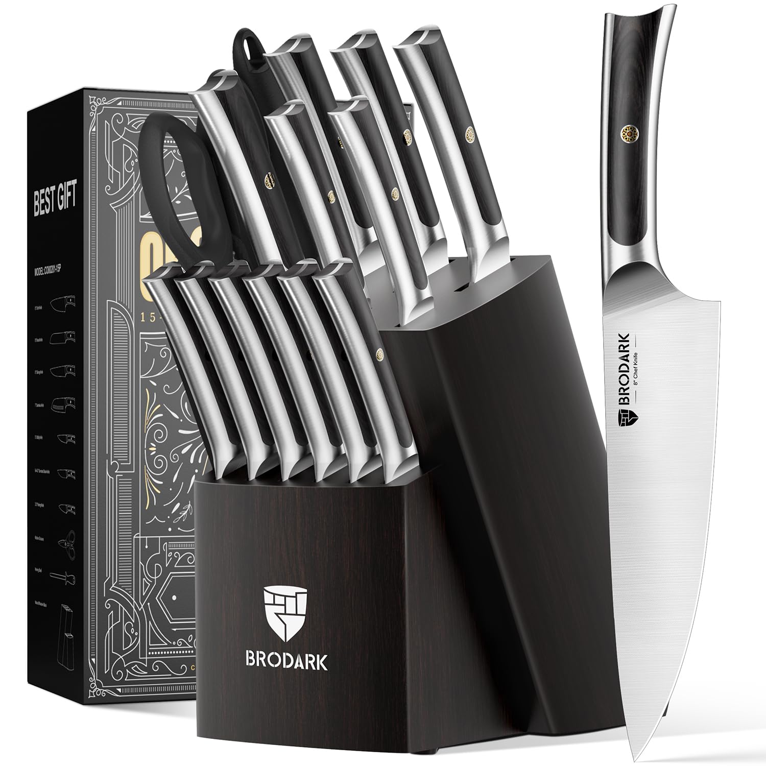 BRODARK Knife Set 15 PCS Chef Knife Set with Block and Sharpener High Carbon Stainless Steel Knife Block