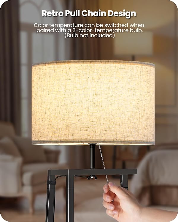 GOEBLESON Floor Lamp with 3-Tier Storage Shelves, Standing Floor Lamp with Pull Chain Switch, Shelf Floor Lamp for Living Room, Bedroom, Office,Bulb Not Included, Rustic Brown and Beige FE34LD05 by GOEBLESON - Used condition - Image 5