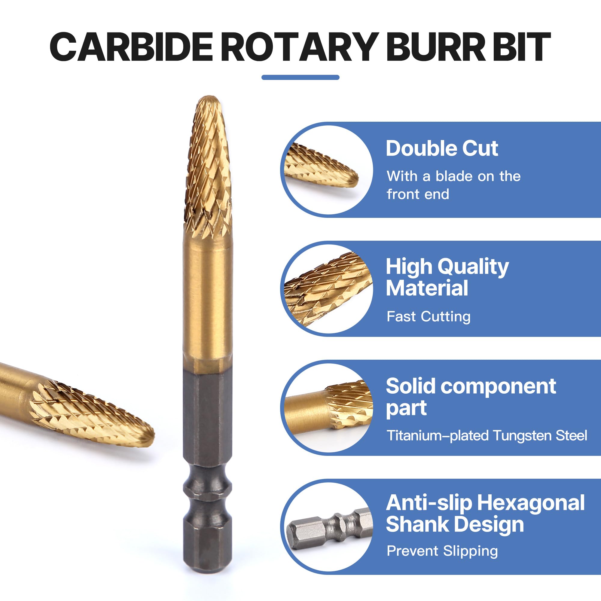 HUHAO Tungsten Carbide Rotary Burr Bit, Double Cut Carbide Burr 1/4" Shank Die Grinder Cutting Burrs Bit for Metal Working & Sturdy — Amazon image 2
