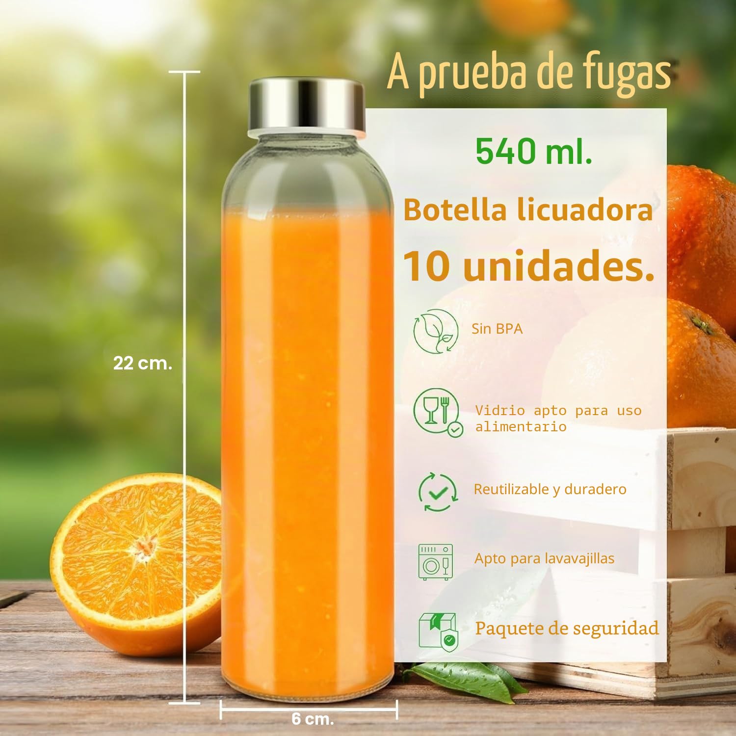 KAHEIGN 10 Piezas Botellas de Vidrio con Tapa Hermética de Acero Inoxidable, 540ml /18oz Jarra para Jugo a Prueba de Fugas Transparente Reutilizable con Limpieza Cepillo, Embudo, Hielo Palitos Bandeja