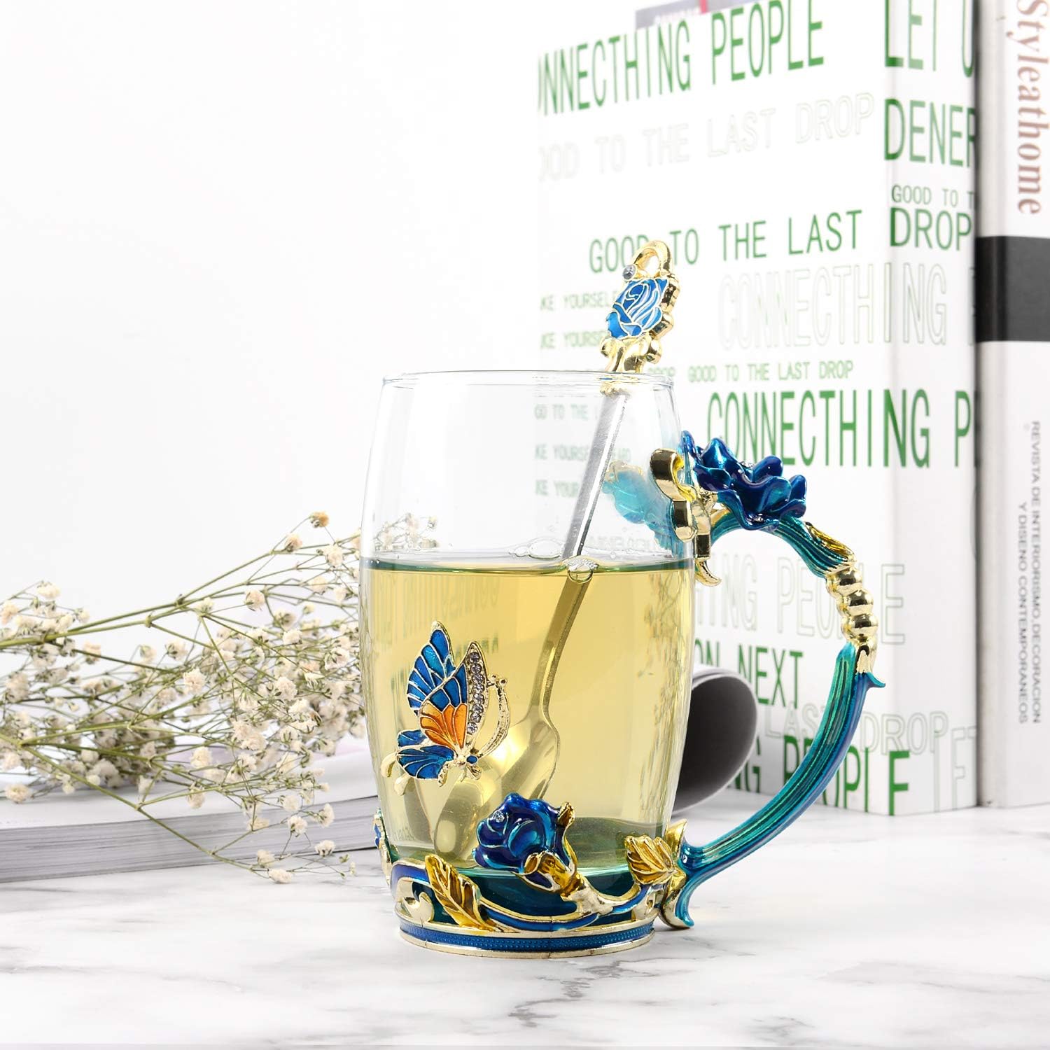 330ML Enamel Tea Cup Glass Coffee Mug Handmade Rose Flower Tea Mug for Father's Day,Mother's Day,Valentine’s Day, Birthday, Christmas Gift with Stainless Steel Spoon Set