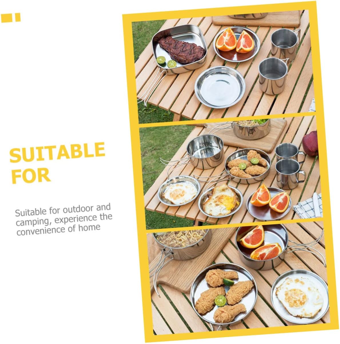Camping Hiking Cookware Kit Stainless Steel Pot Pan Plates Cups Multipurpose Outdoor Cooking Equipment